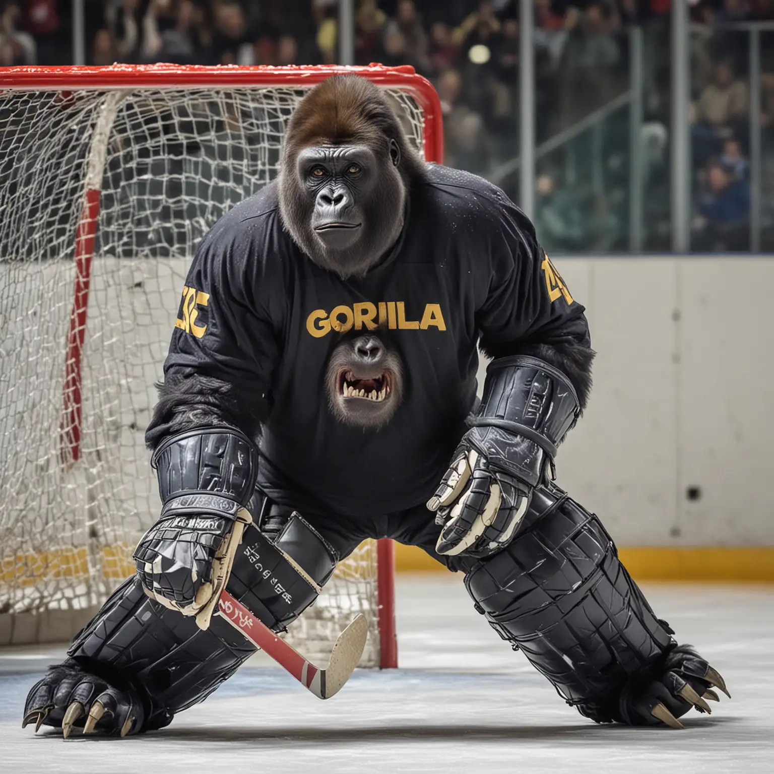 Ice Hockey Gorilla Goalkeeper Defends Net