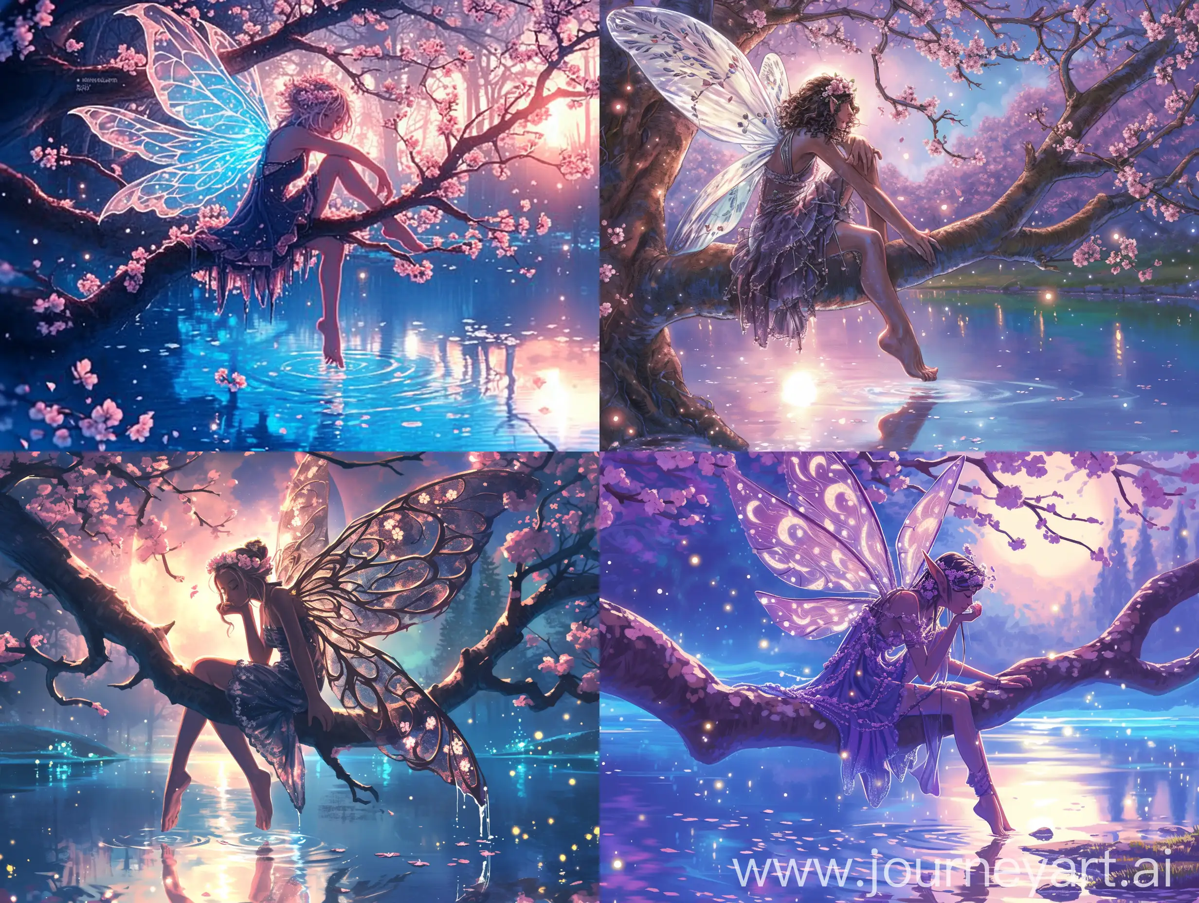 beautiful SPRING fairy with intricately detailed wings sitting on a cherry blossom tree branch overhanging water, dipping toes of bare feet into the water, wearing a gorgeously detailed fairy dress, water reflection, moonlight, stars, fireflies, SPRING forest scene, ethereal dramatic aesthetic, backlit, modern comic illustration, a masterpiece, taking inspiration from styles of Victo Ngai and Greg Rutkowski --niji 6