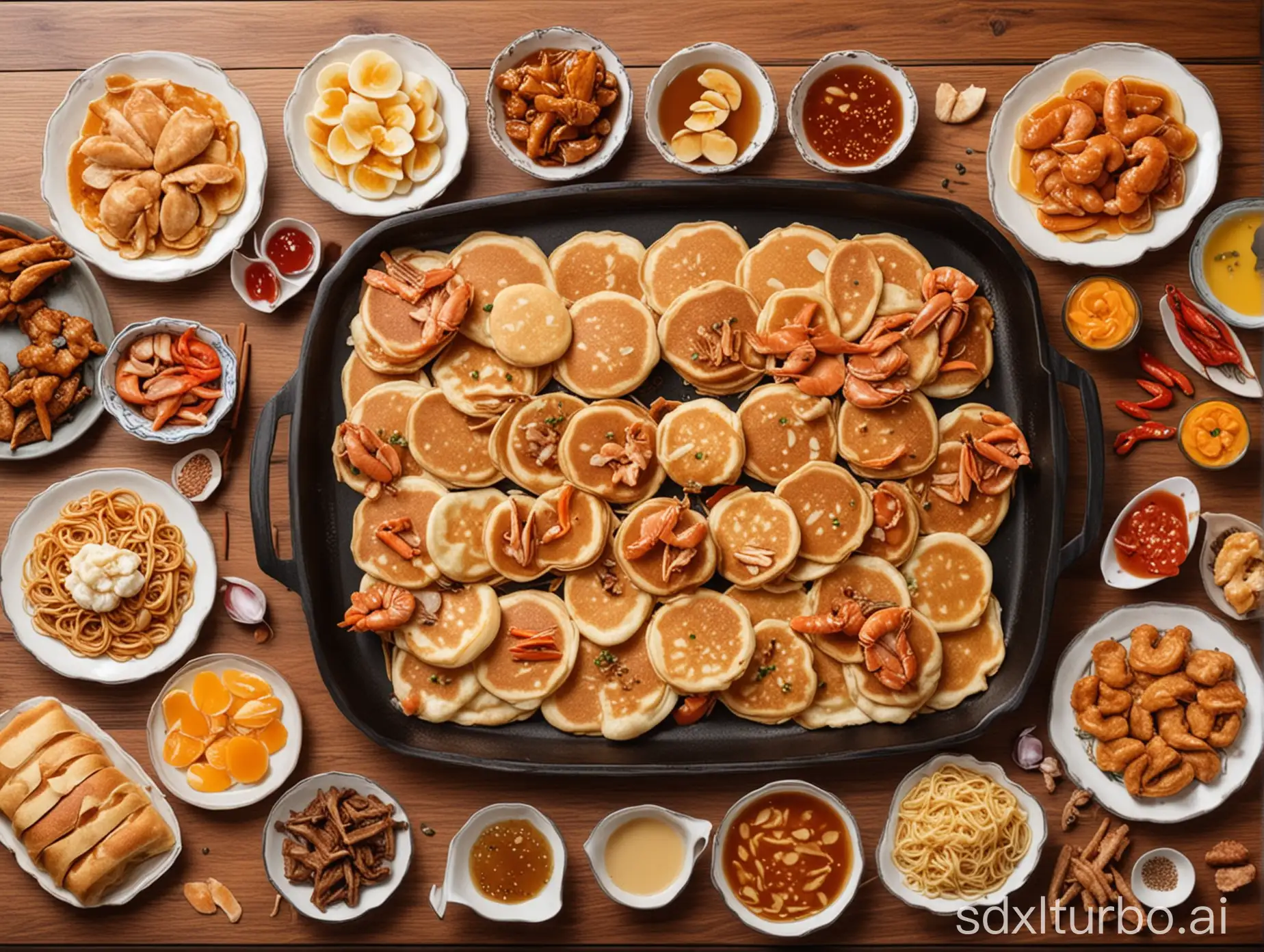 绘制一张中国特色的，有饼、螃蟹、烤鸭等各种美食的图片作为视频封面