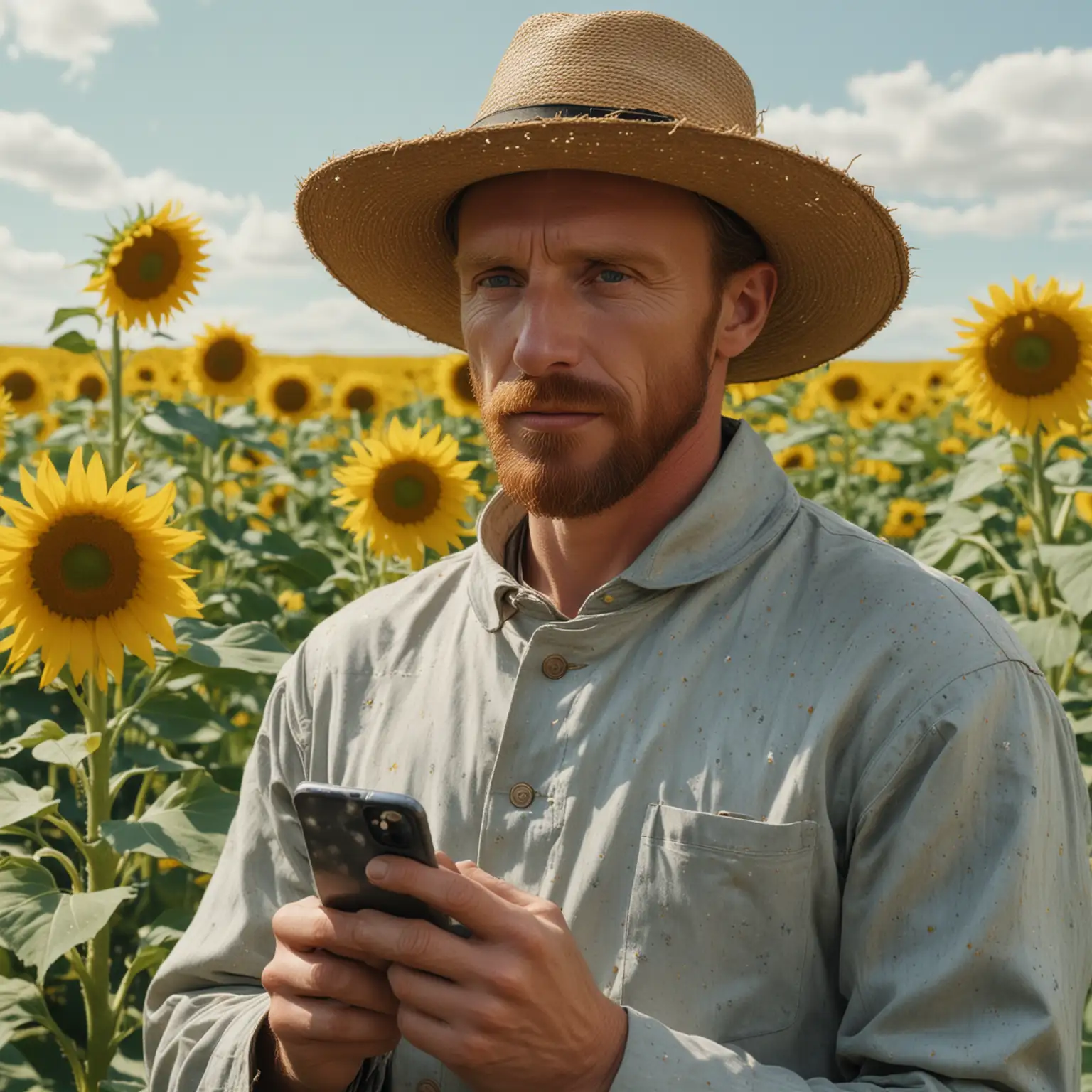 A photorealistic portrait of Vincent van Gogh in a vast field of sunflowers, at full bloom. He is holding a sleek, silver iPhone 15 in his hand, gazing intently at the screen. Van Gogh is wearing his signature straw hat and a paint-splattered smock, contrasting with the modern phone. ultra realastic, 8K resolution, Kodak film, EOS R3