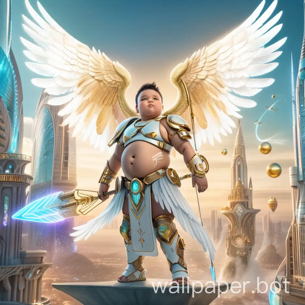 A sci-fi future chubby tattooed warrior angel boy with exposed belly and minimal armor, iridescent wings with gold-tipped feathers, hovering in flight and glowing with angelic power holding an aetheric magical staff, posing in front of a magical futuristic city landscape
