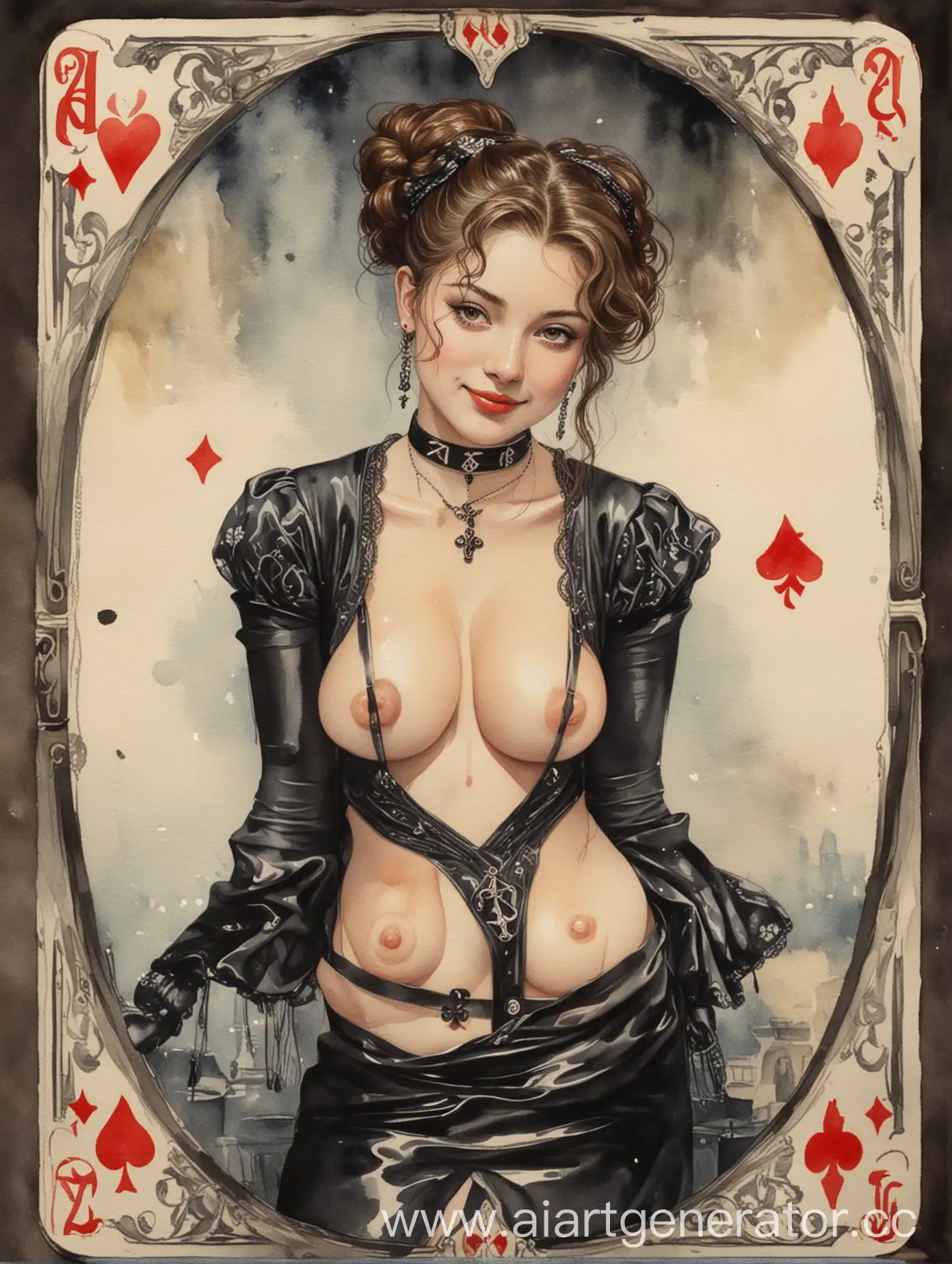 Watercolor-Painting-Erotic-Playing-Card-Two-of-Clubs-with-Silly-Smiling-Courtesan