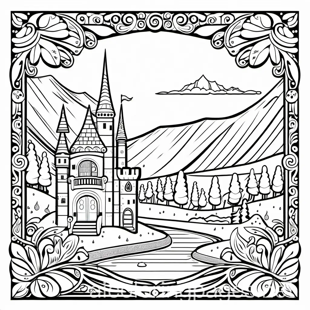 fairytale adventures, Coloring Page, black and white, line art, white background, Simplicity, Ample White Space. The background of the coloring page is plain white to make it easy for young children to color within the lines. The outlines of all the subjects are easy to distinguish, making it simple for kids to color without too much difficulty
