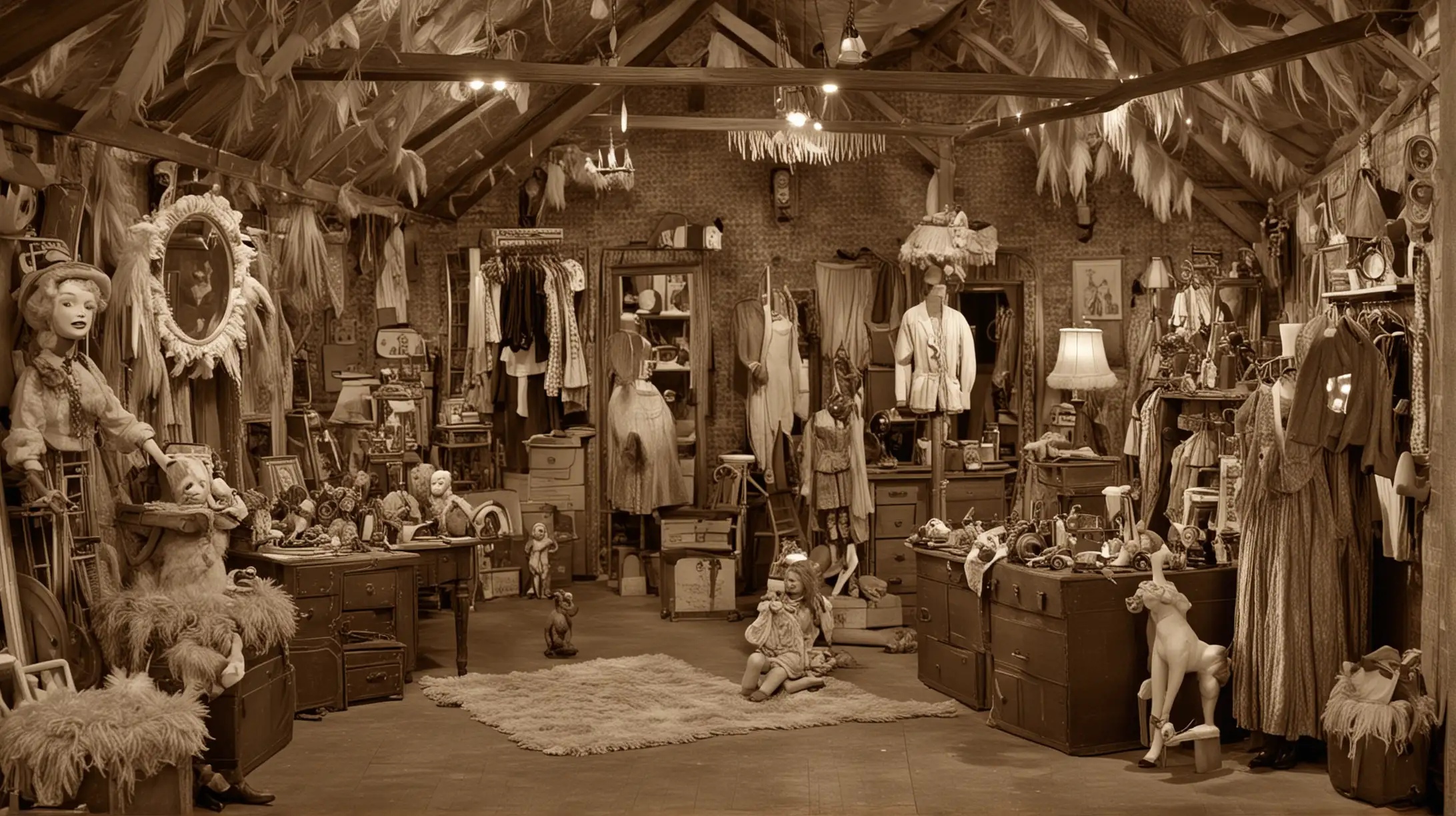 un grenier avec  une malles , vieux jouet, miroir, des manequins de magasin, des vêtements années 30 avec boa en plume