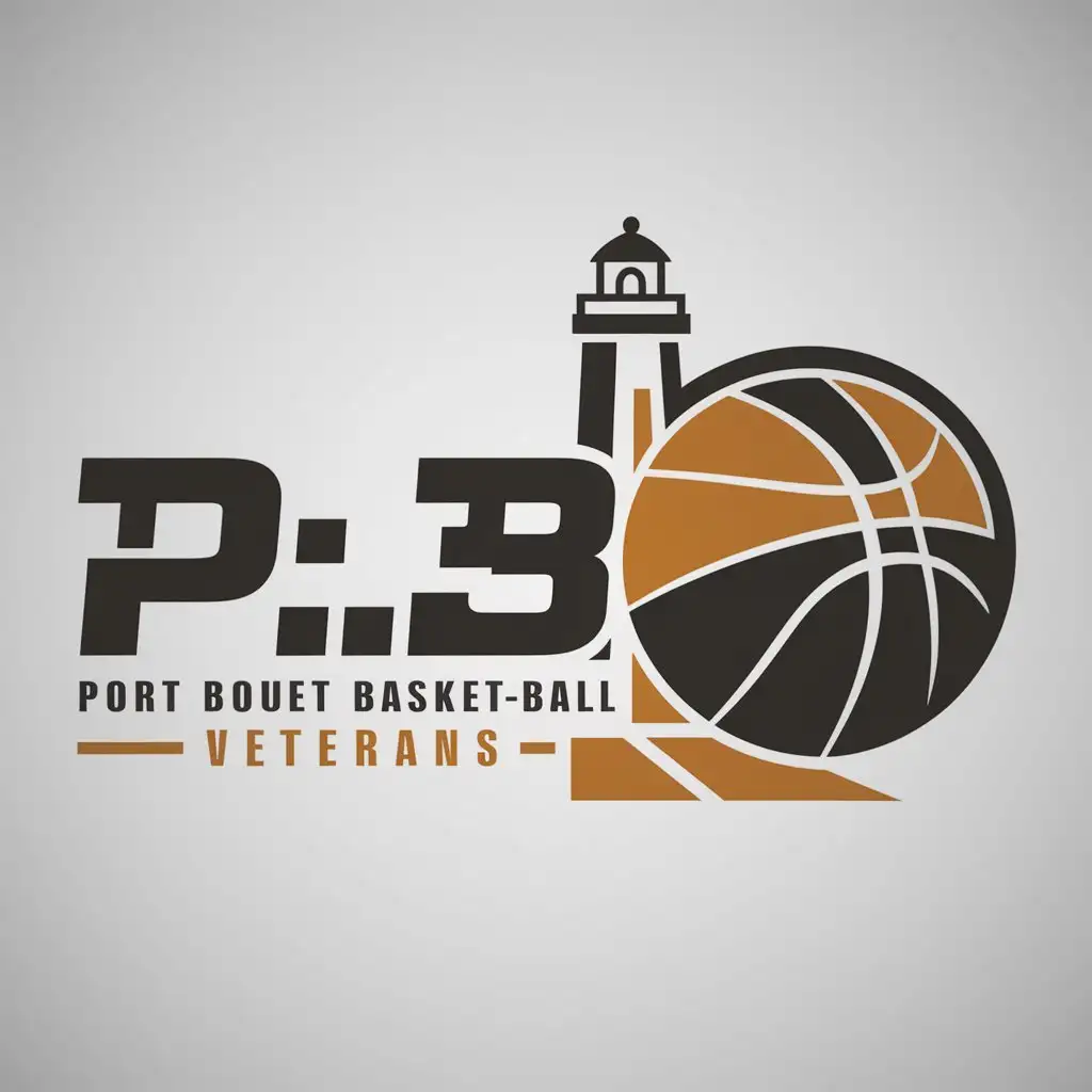 a logo design,with the text 'P.3.B', main symbol:Port Bouet Basket-Ball, Veterans, be used in basket-ball industry,with a lighthouse all in a white background