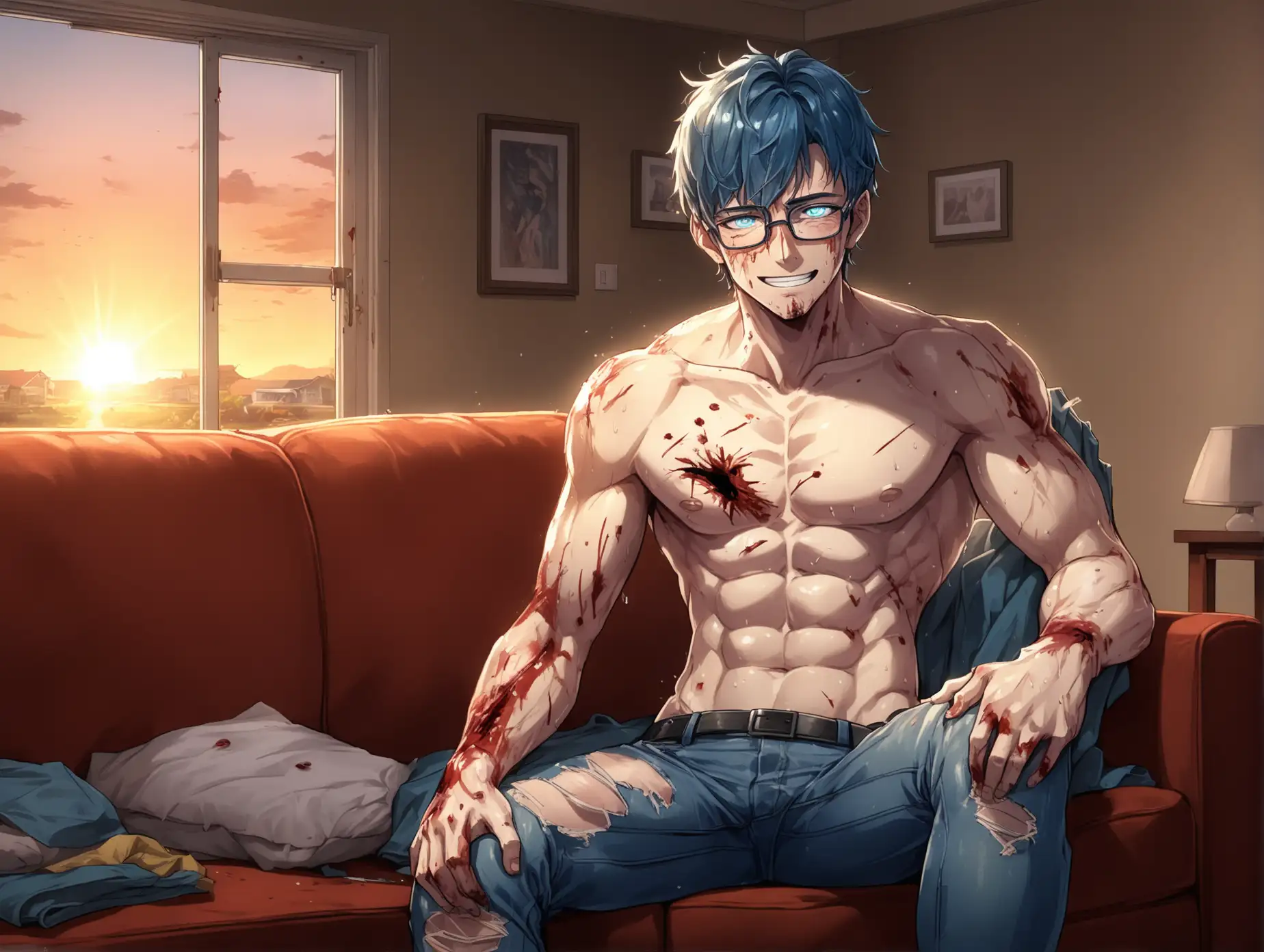 Create an image of a bloodied brave male android hunk in his 30s, who is shirtless, with a fainted smile on his handsome face, panting on his sofa, finally at home . He has short navy-blue hair, glowing aquamarine eyes and glasses. Signs of the exhausting battle are on his torn jeans, sweat drenched face and muscles. The injuries he suffered are evidence of how he was driven by his unwavering resolution to save his boyfriend. His expression mirrors his relief in knowing his love is safe. The warmth of the android hero greeting the viewer with open arms and sunset shining into the house could make anyone crying happy tears
