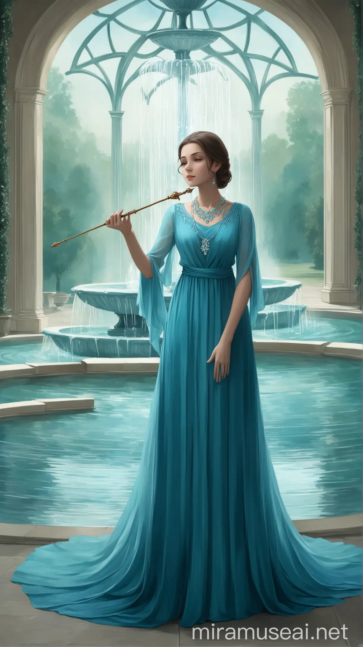 Elegant Young Woman with Wand by Serene Fountain