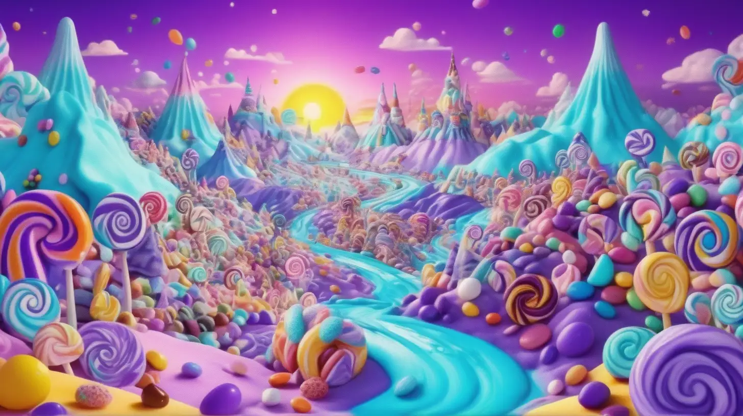 Whimsical candy wonderland. Lollipops by a magical bright-turquoise-sugar river surrounded by candy and whip cream and ice cream. Jelly beans, gum drops, skittles and candy in the middle of ice cream-frosting hills. Purple. Blue. 8K. bright-yellow, and purple sky with cotton-candy clouds and sugar rainbows. Animie.