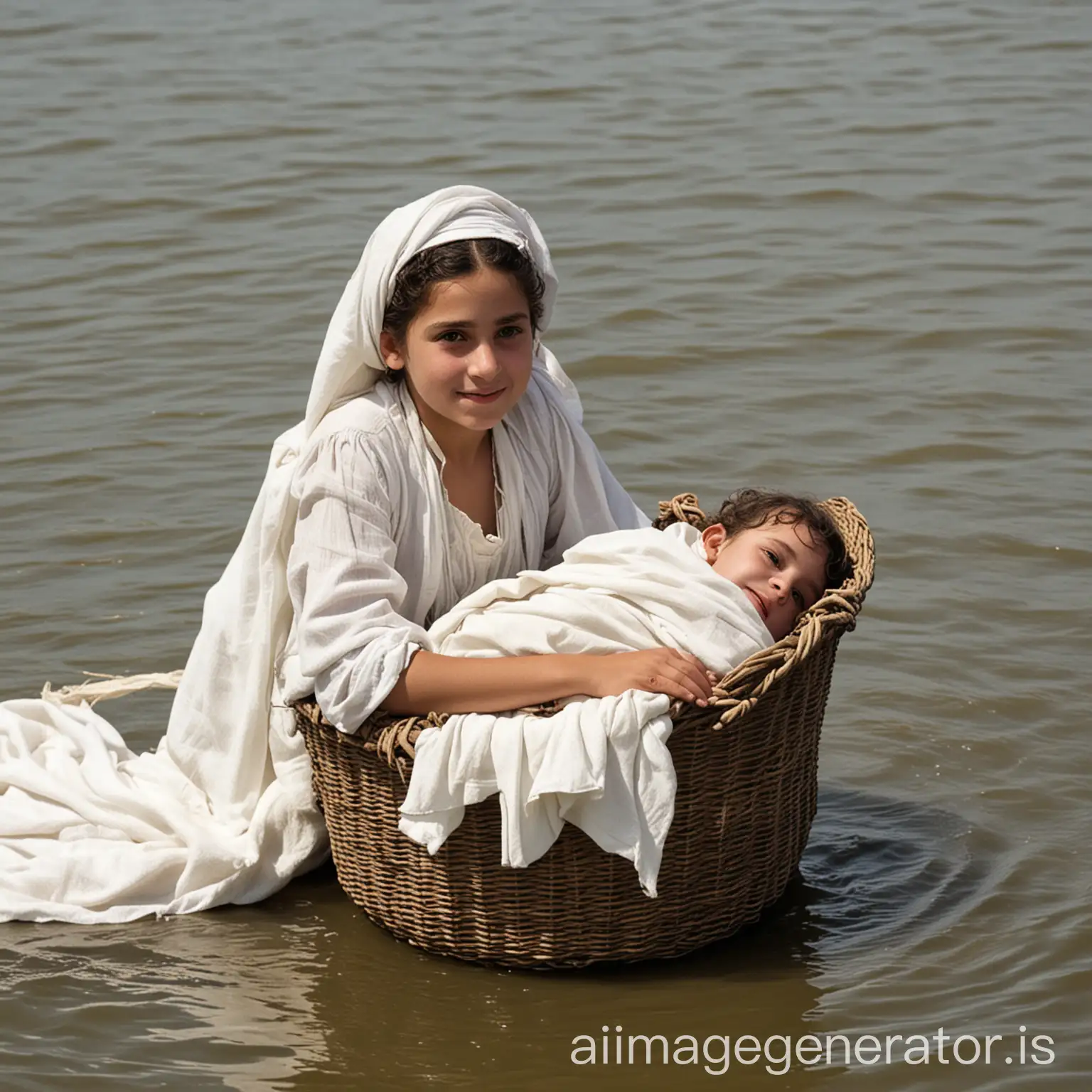 A young girl in old Jewish clothes, 12 years old, places a wicker basket containing a baby boy lying on his back, wrapped in a white cloth, in the Nile River.