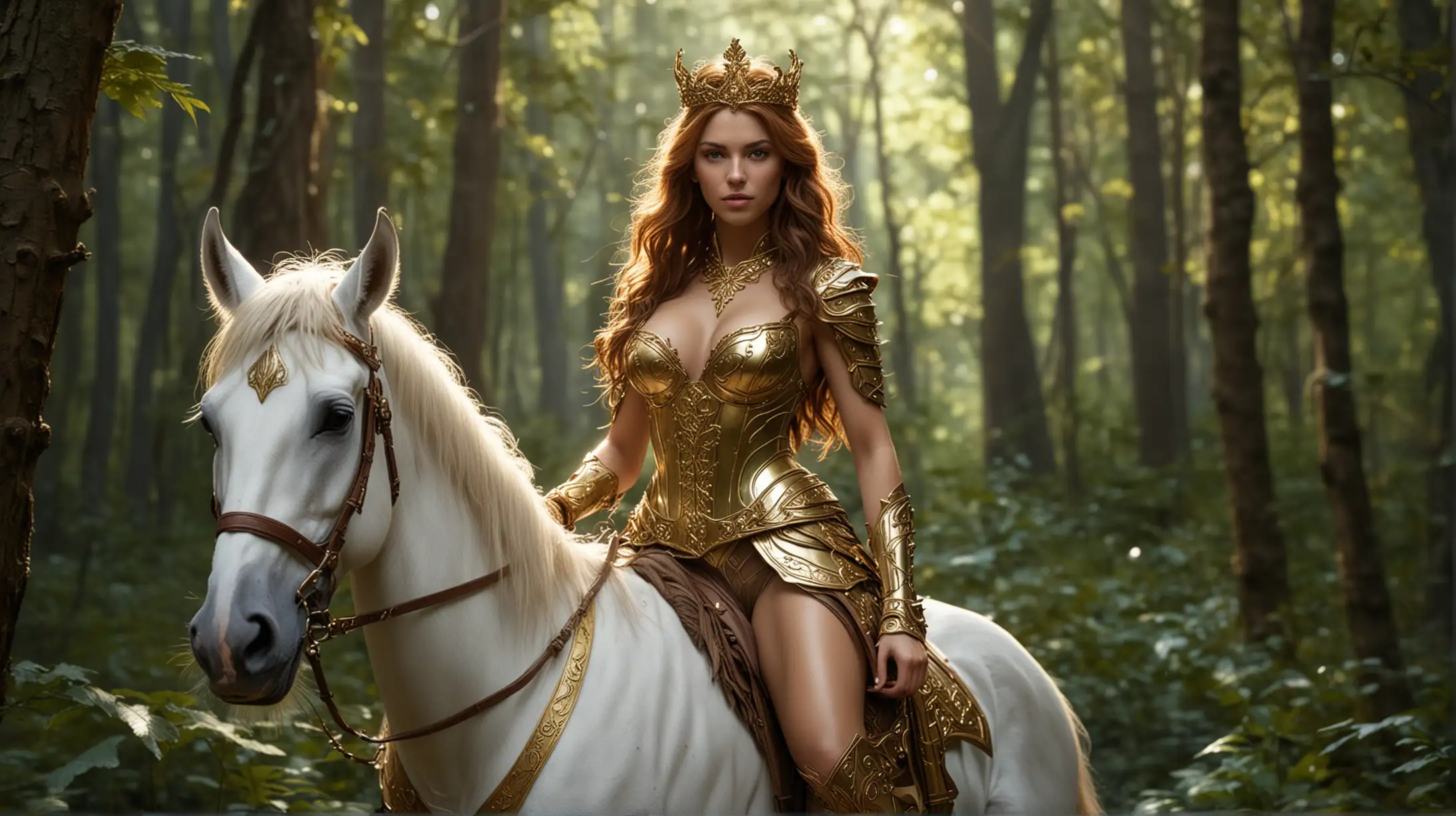 A gorgeous young female wood elf with very large breasts. She has very long wavy chestnut brown hair, small gold crown on her head. Lightly tan skin.  She's wearing a plunging low cut intricate Gold breastplate. Gold greaves, riding a pure white colored horse through a mystical forest. generous cleavage, perfect legs, delicate soft rim lighting to accentuate her figure, cinematic lighting, award winning photo, masterpiece, ultra realistic photo, ray tracing, professional color grading, 16k, sharp details
