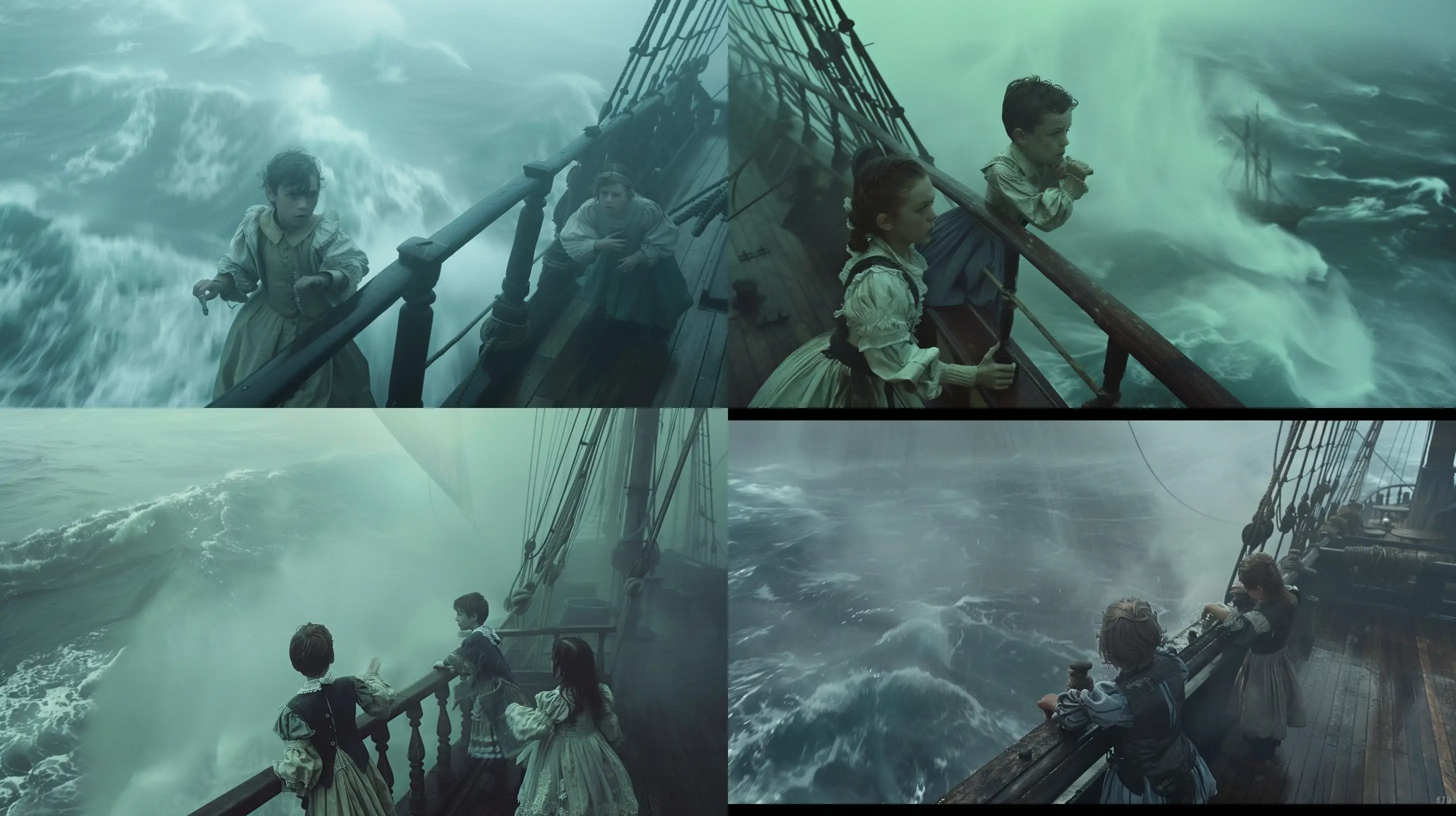 cinematic still of an old ship shown in the mist on the stormy ocean, A 6-year-old boy and a 6-year-old girl in 19th century costumes are standing on the deck, clutching the deck rails and looking into the distance, high angle shot captured by Hasselblad X1D, foggy haze, action thriller, tension, ocean waves, 8k, cinematic light, directed by Stanley Kubrick, camera lens: Prime, roger deakins, 35mm, hyper realistic --ar 16:9 --style raw