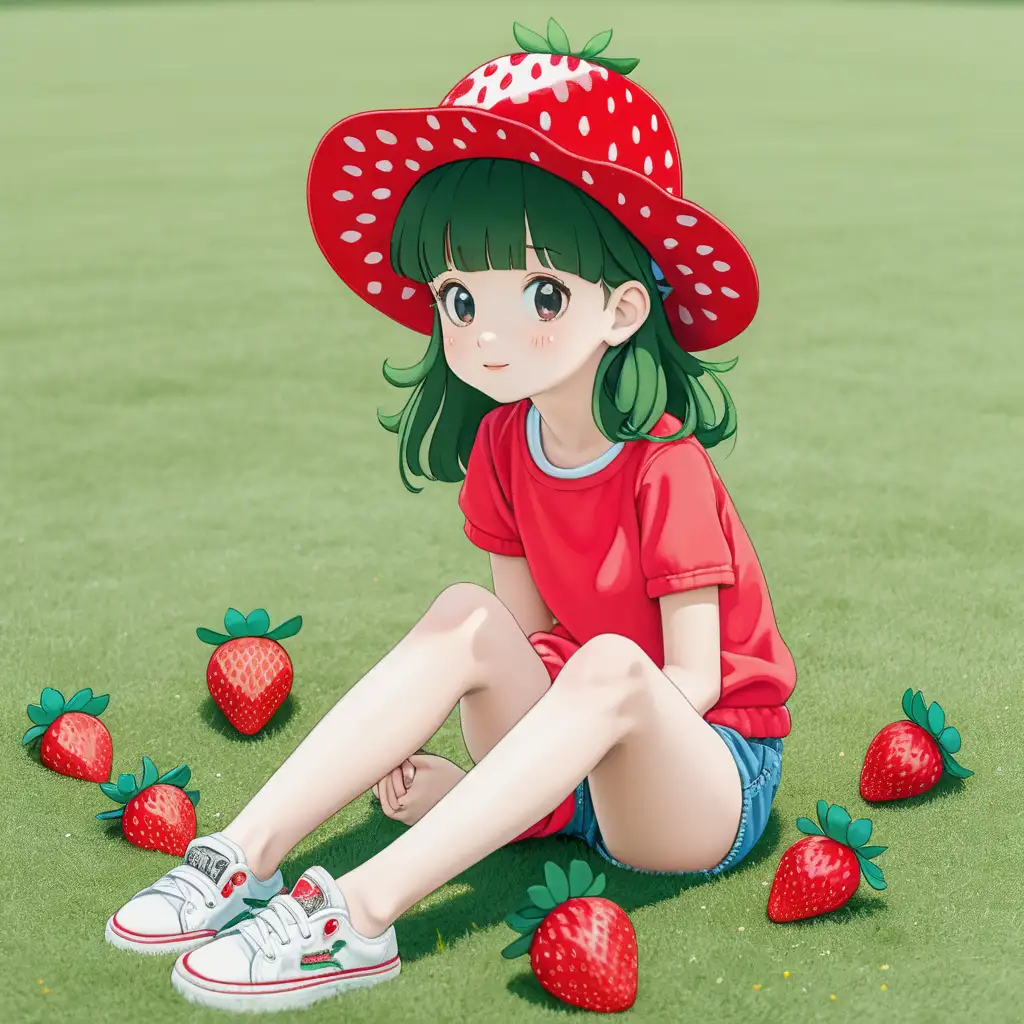 Adorable Girl Sitting on Grass with Strawberry Hat