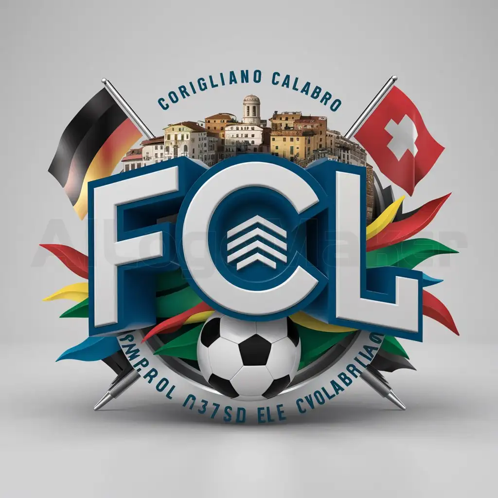 a logo design,with the text "FCL", main symbol:I want a 3D logo with social housing clearly visible in the middle, and the city landscape of Corigliano Calabro in Calabria. The flags of Germany and Switzerland should be part of the logo, but they should not take up much space and should be placed on the sides of the logo. It should be a colorful logo and it should also contain a football in the colors of the Italian flag. This football should be more in the middle but small.,Moderate,clear background