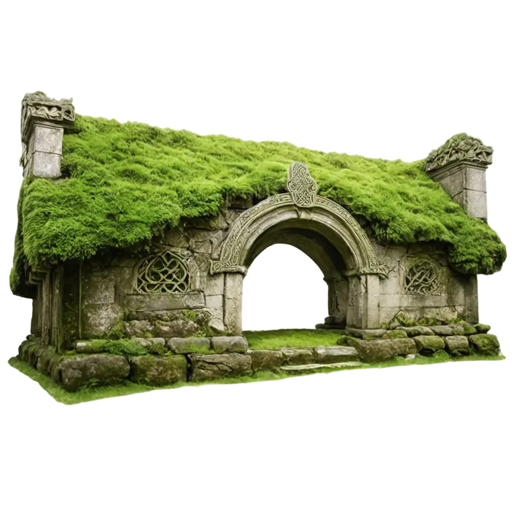 majestic moss covered celtic tomb with knotting work detailing the stone