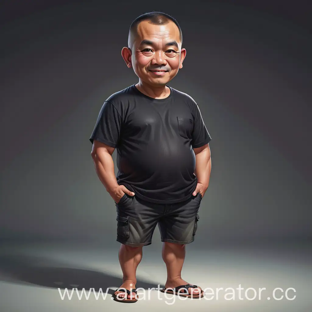 An Indonesian man 45 years, buzzed cut hair, caricature, wearing black t-shirt , standing up, 15% fat body , wearing sandals, photo studio , small eyes, normal face, caricature, realistic character 