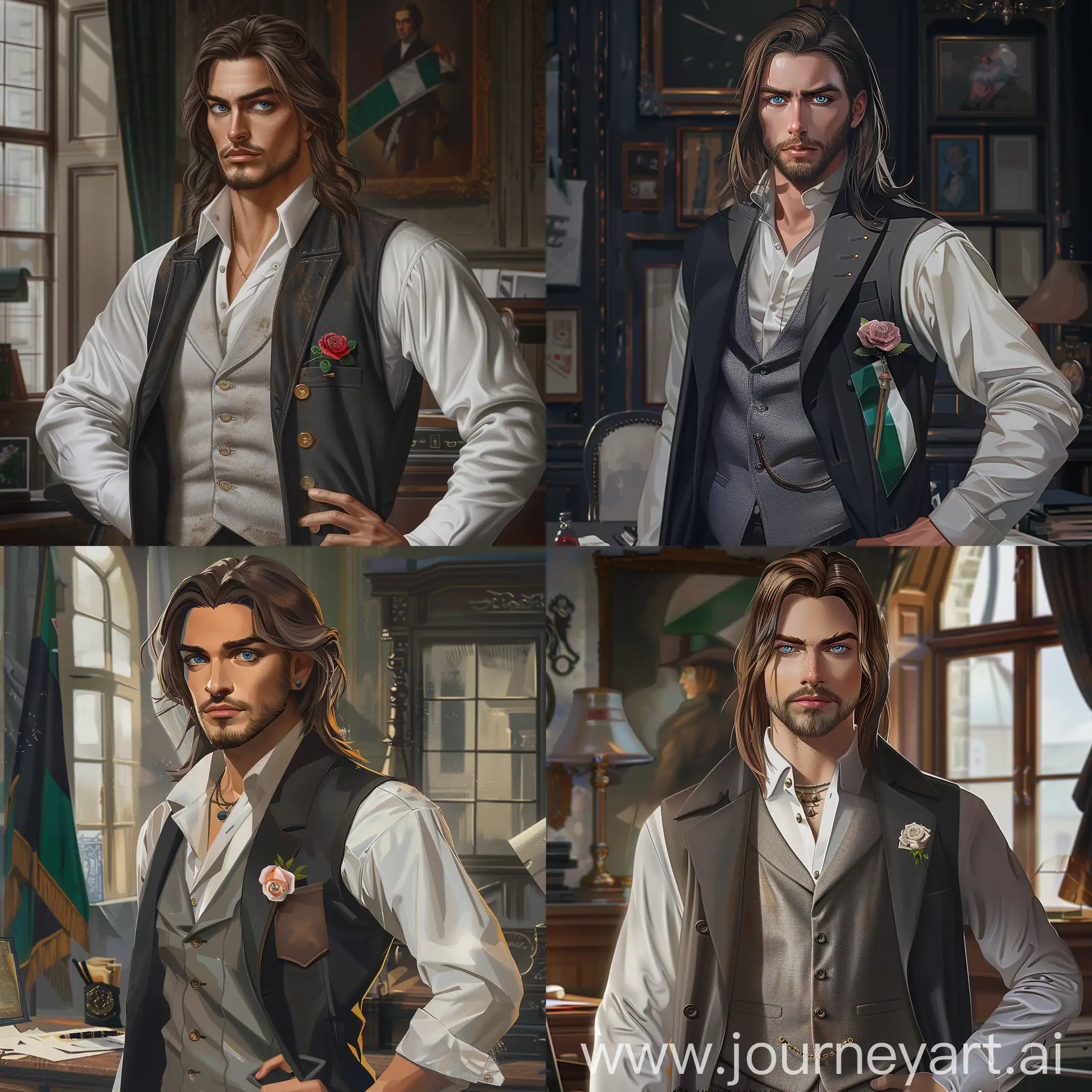The hero of the illustration in the style of realism is dressed in a white shirt, a gray vest and a black coat with a rose in the pocket, worked out to the smallest detail, he has long straight shoulder-length hair, which combines dirty and brown shades. He has large and expressive eyes with a bright blue iris. He has stubble all the way to his lips. His posture is confident, he stands in his office, looking at the viewer, one hand on his hip, no hint of a smile on his face. The hero is a young guy who follows the fashion in the style of the 19th century. There is a black-green-white flag on the back. The focus is only on the detailed image of the character, graphic realism, photorealism, 8k, fantasy digital art, HDR, UHD.