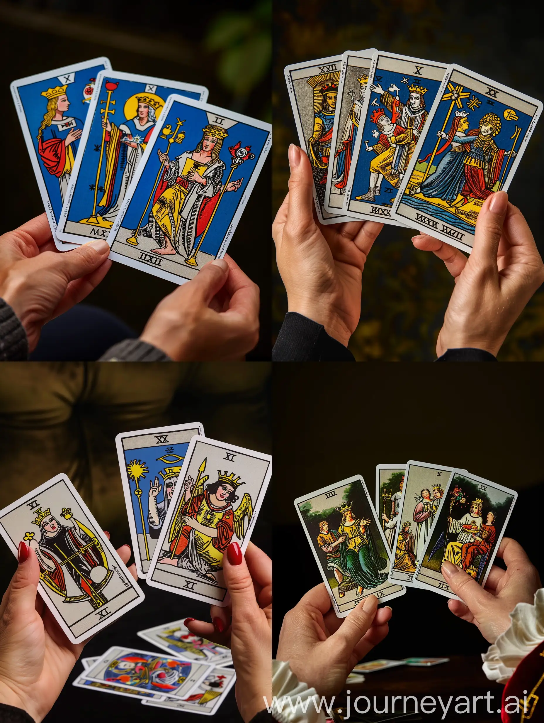 Hands holding tarot cards on a dark background
