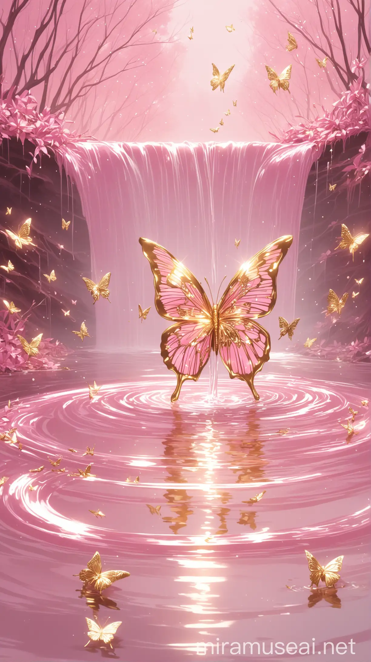 Tranquil Stream Water Reflecting Golden Butterfly in Pink Aesthetic