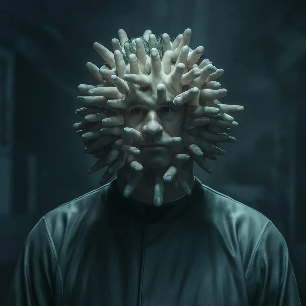 Man whose face is,made of fingers