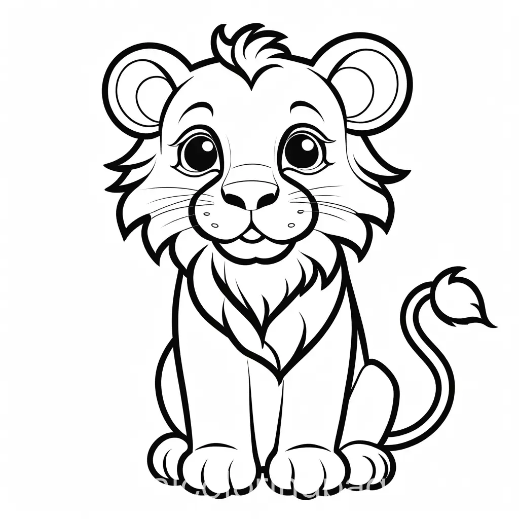 can you make me cartoon looking lion, Coloring Page, black and white, line art, white background, Simplicity, Ample White Space. The background of the coloring page is plain white to make it easy for young children to color within the lines. The outlines of all the subjects are easy to distinguish, making it simple for kids to color without too much difficulty