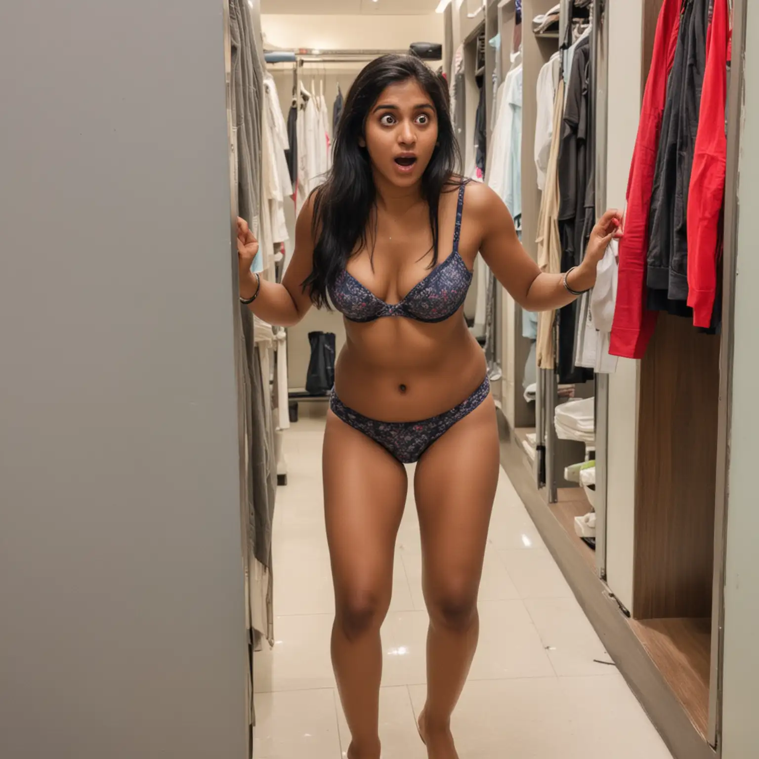 indian woman in underwear caught by surprise when she is changing clothes in a changing room closet at a shopping mall