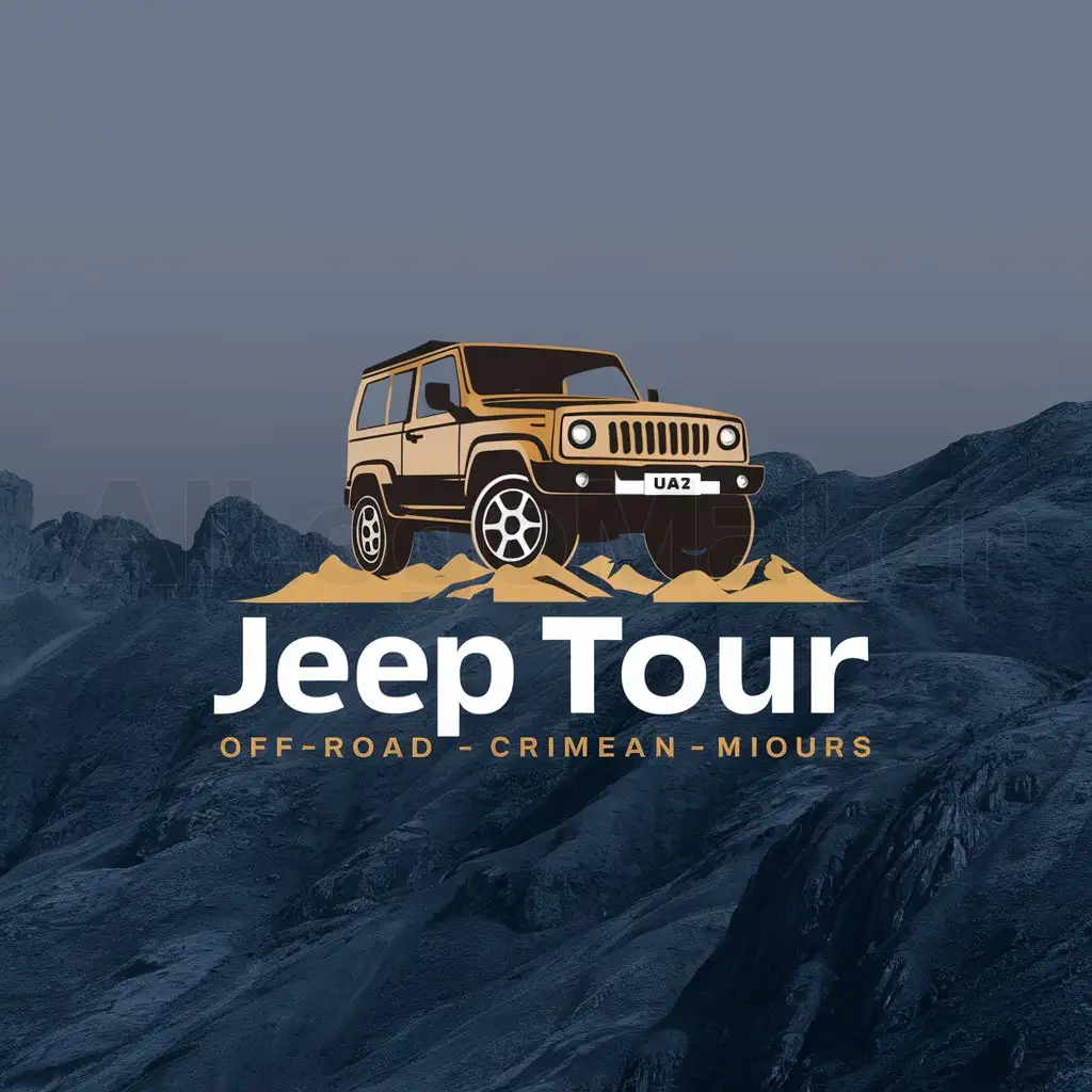 a logo design,with the text "Jeep Tour", main symbol:Automobile UAZ for djip tours that stands on Crimean mountains,Moderate,be used in Travel industry,clear background