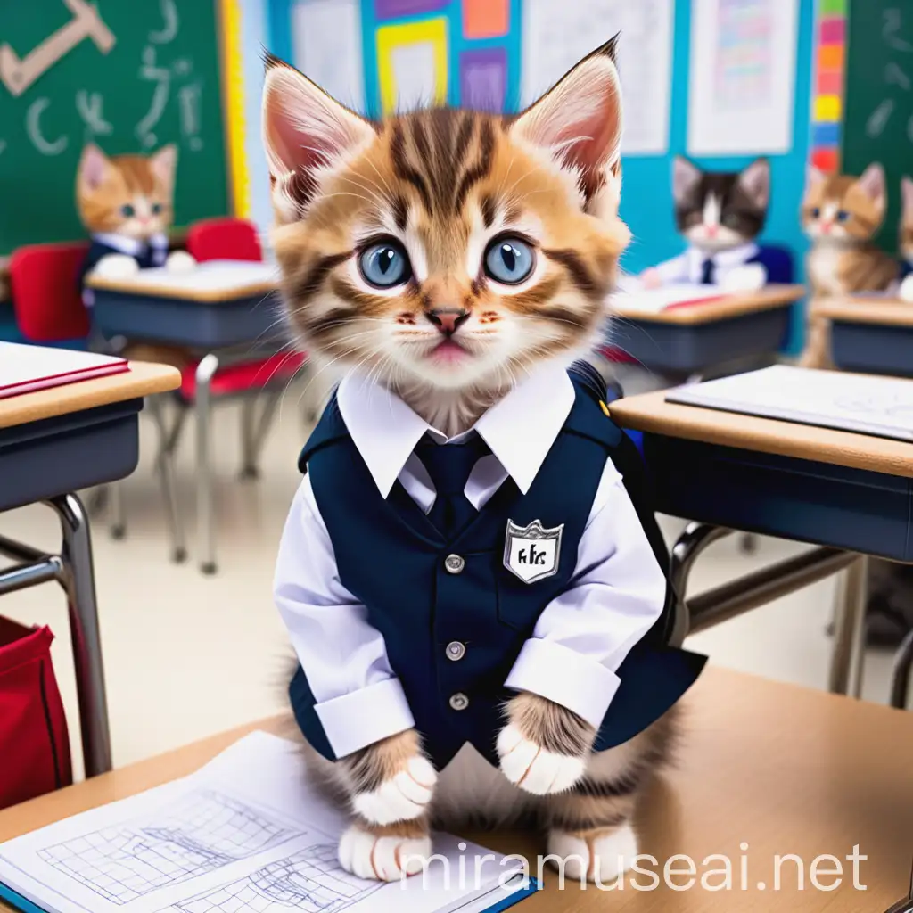 A kitten in a classroom putting on a uniform.make it more creative and awesome 