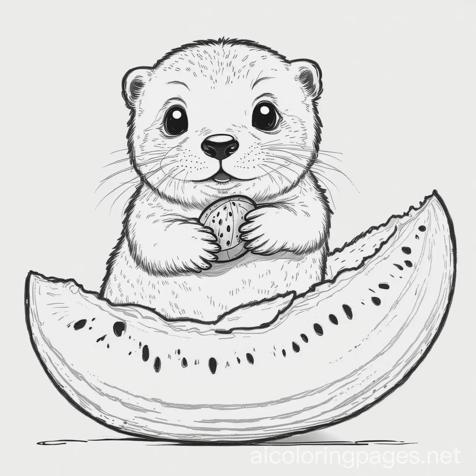 A cute baby otter eating watermelon, Coloring Page, black and white, line art, white background, Simplicity, Ample White Space. The background of the coloring page is plain white to make it easy for young children to color within the lines. The outlines of all the subjects are easy to distinguish, making it simple for kids to color without too much difficulty