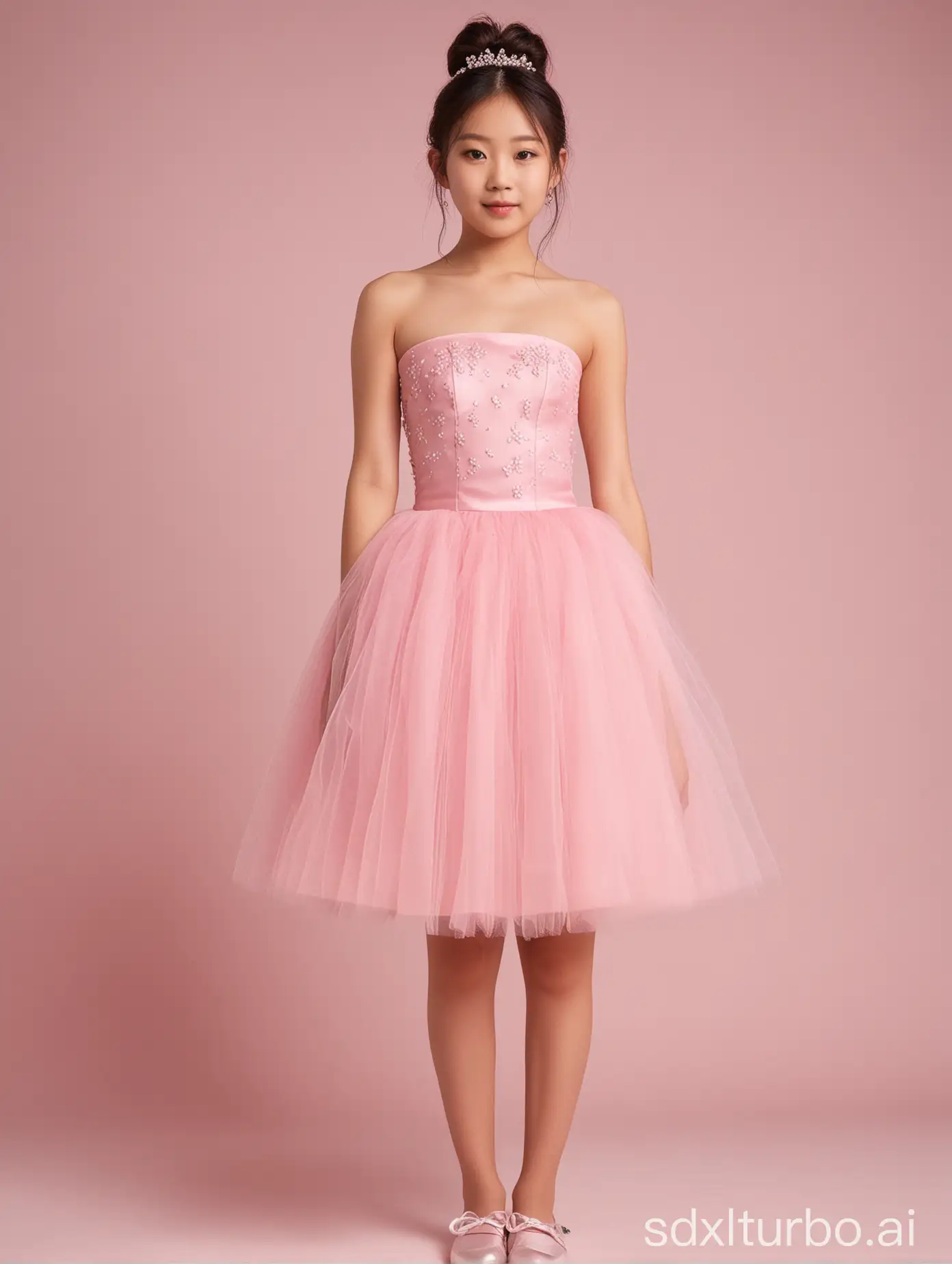 12yo,1girl,Japanese,pink strapless short tulle dress,full body