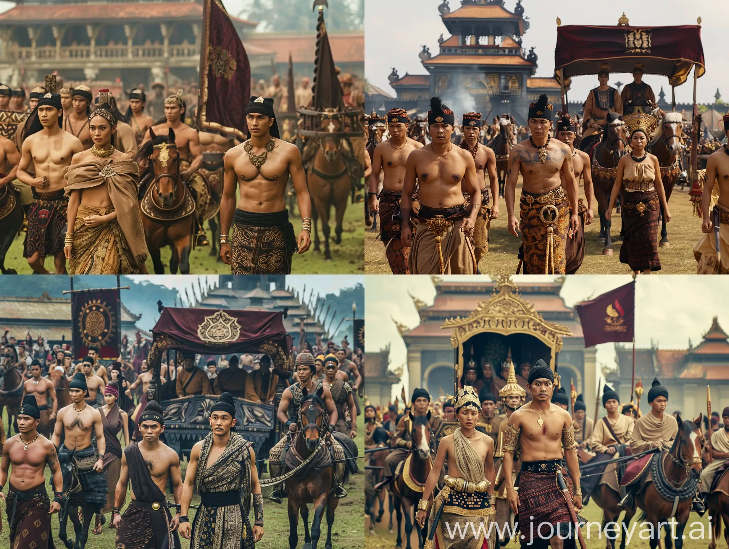 movie scene, the royal group is dressed in traditional Indonesian clothes without shirts, Indonesian faces, brown skin, hair tied in a bun, wearing Sundanese black headbands, wearing typical 14th century batik skirts, some are wearing prisai, some are riding horses, they are carrying a palanquin , in the palanquin there is a woman, dressed in a cloth dress, and a gold ornament on her head, they also carry a dark red flag, on the flag the keris logo, they arrive at the royal field, the background of the royal building