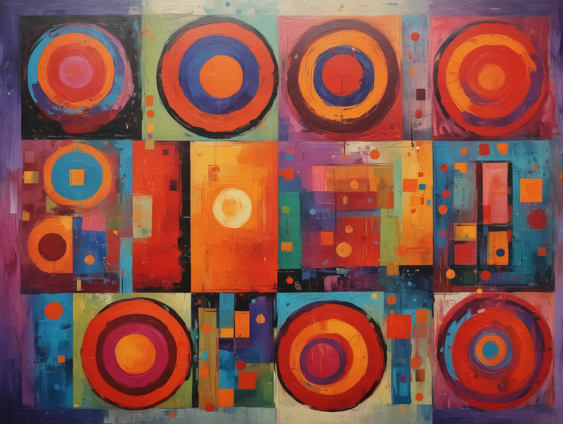Vibrant Abstract Geometric Painting with Circles and Squares
