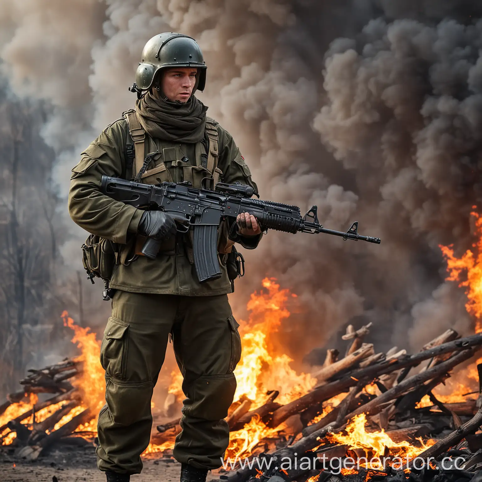Российский солдат с пулеметом (ПКМ Пулемет Калашникова Модернизированный) стоит на фоне огня


