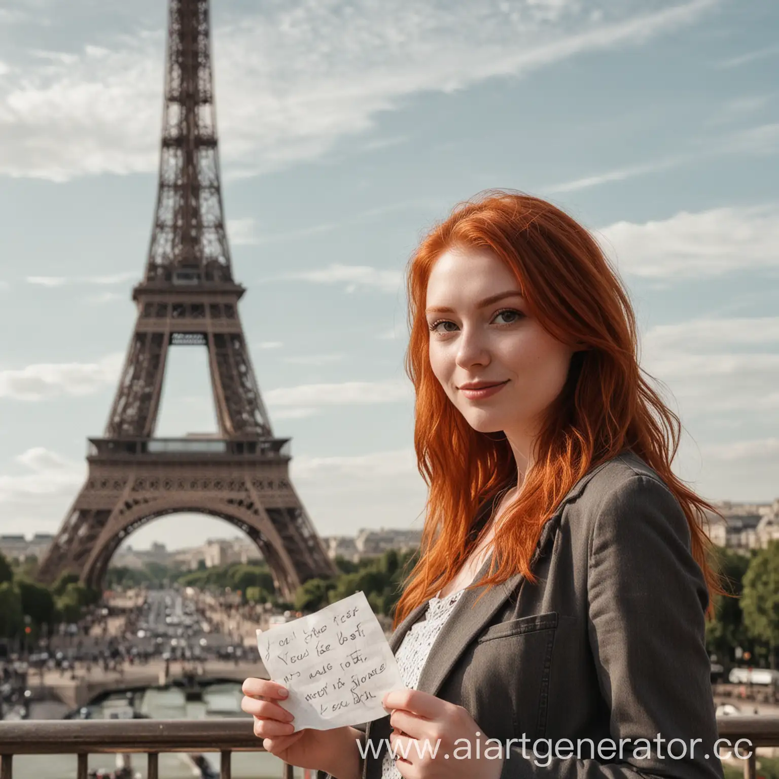фотография где рыжая девушка смотрит прямо в Париже на фоне Эйфилевой башни с листочком на котором написано ты лучшая lovel99