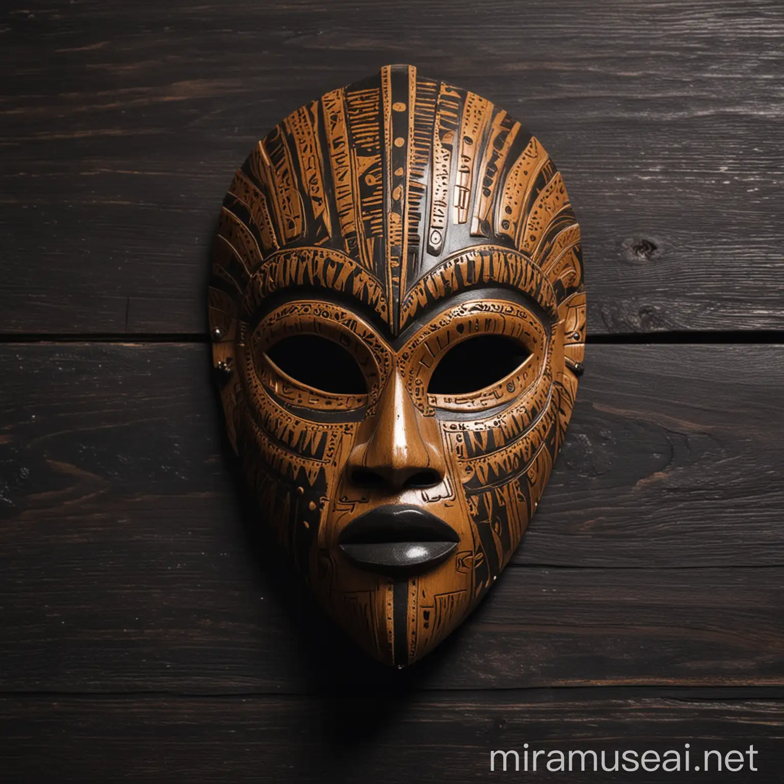un masque africain avec un fond en bois noir en plan large avec gravé sur le front afrobeat party 