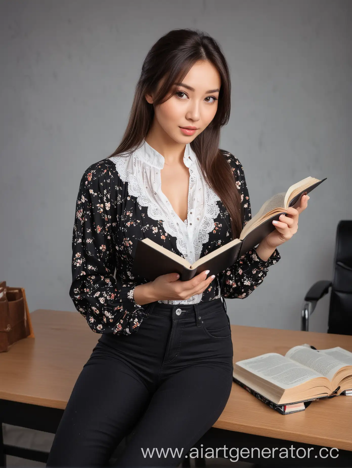 Stylish-Kazakh-Woman-Reading-at-University-Desk