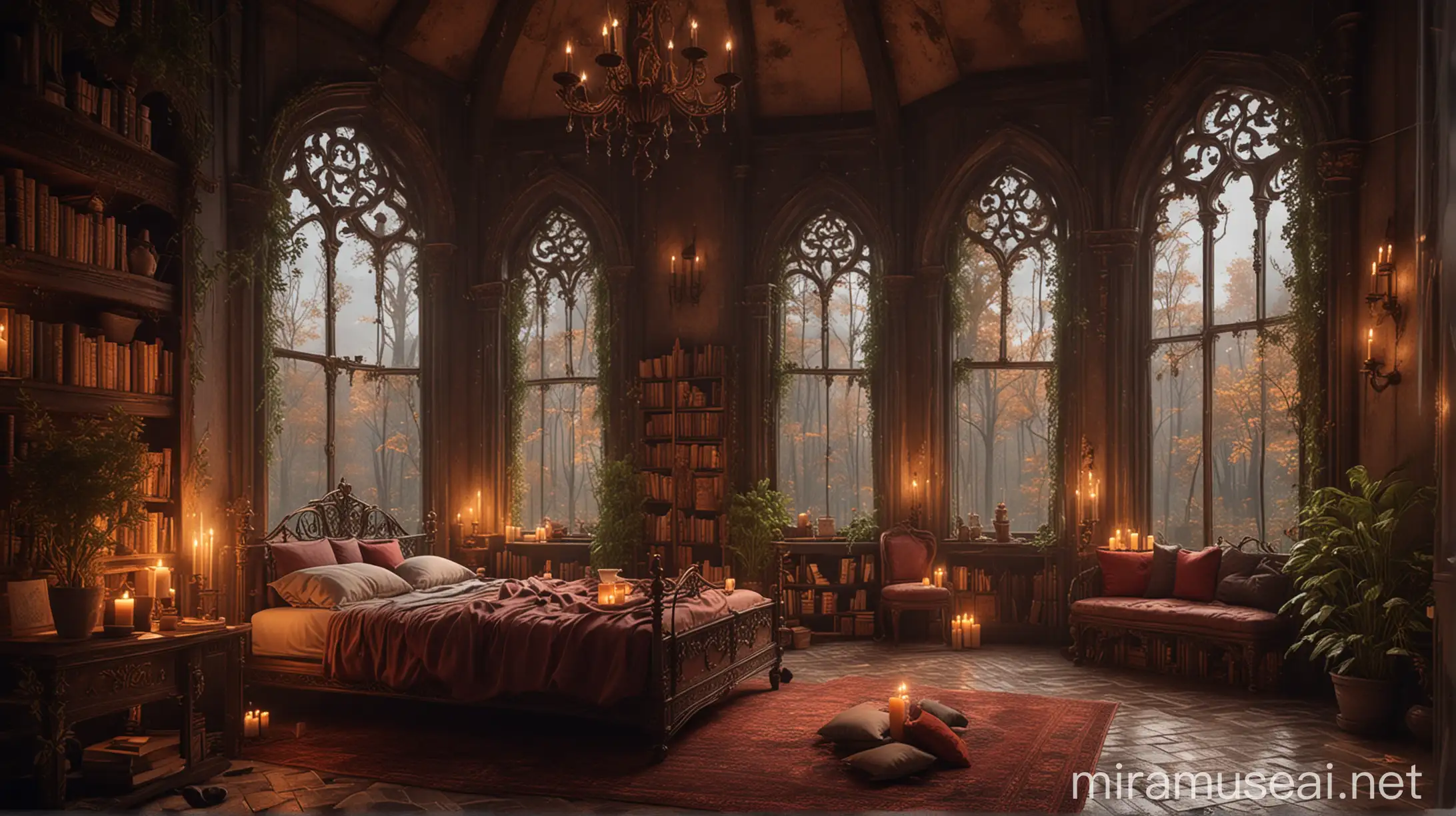 Cozy Castle Royal Mahal inside, with two small cozy plant, pillows, string lights,badroom, a fireplace, big window with a rainy fall night deep forest view., Mysterious room sia view lot of candle arafed room with a fireplace and a bed in it, cozy place, cosy atmoshpere, cozy environment, gothic epic library, gothic mansion room, cozy room, cozy and peaceful atmosphere, gothic epic library concept, cozy setting, cosy enchanted scene, magical environment, gothic library, cozy atmospheric, warm interior, castle library, cozy wallpaper, relaxing concept art