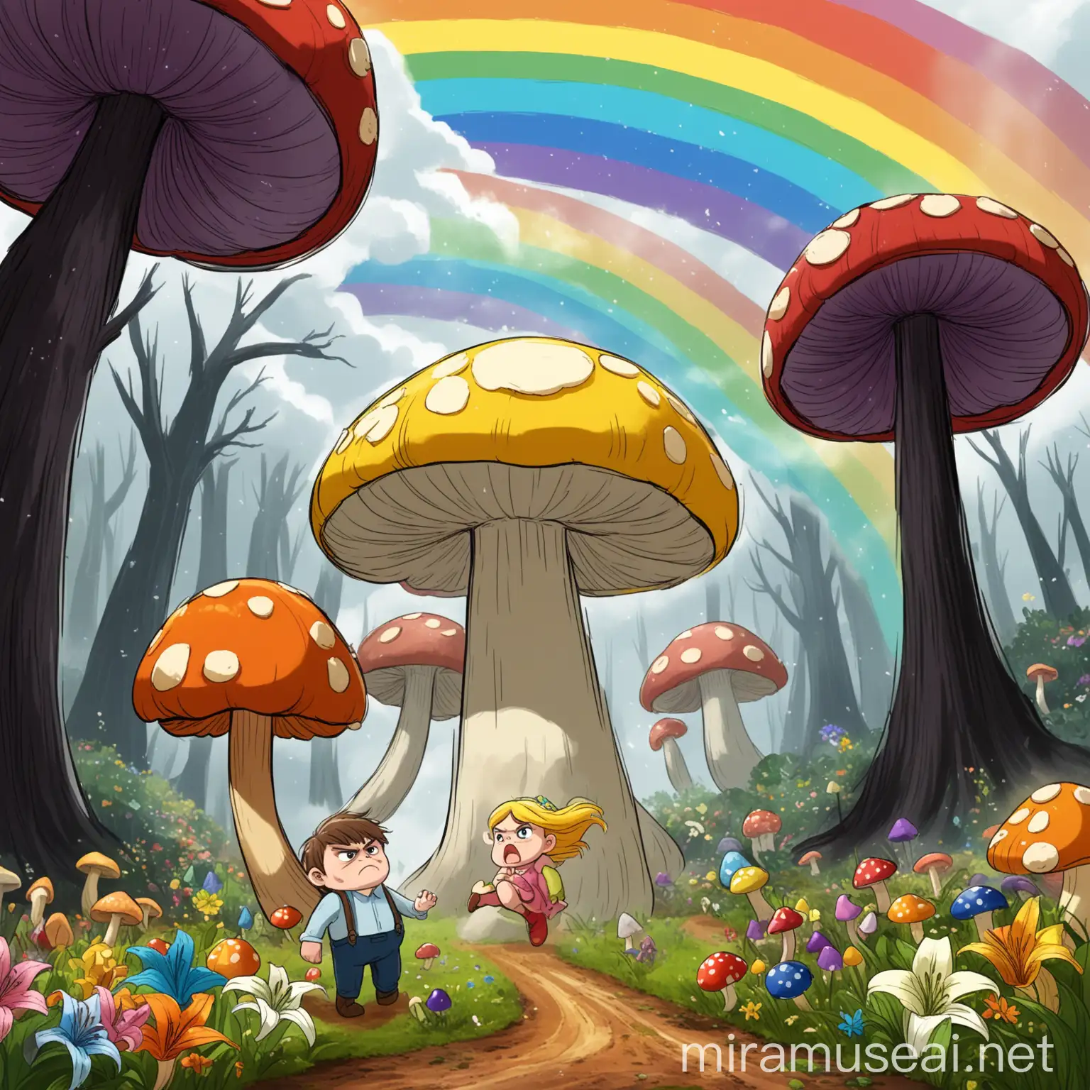 Lily and Arthur tumbled out of a rainbow swirl, landing with a plop! No more giant flowers. Now, dark trees and giant mushrooms loomed around them. Grumpy sounds filled the air.

