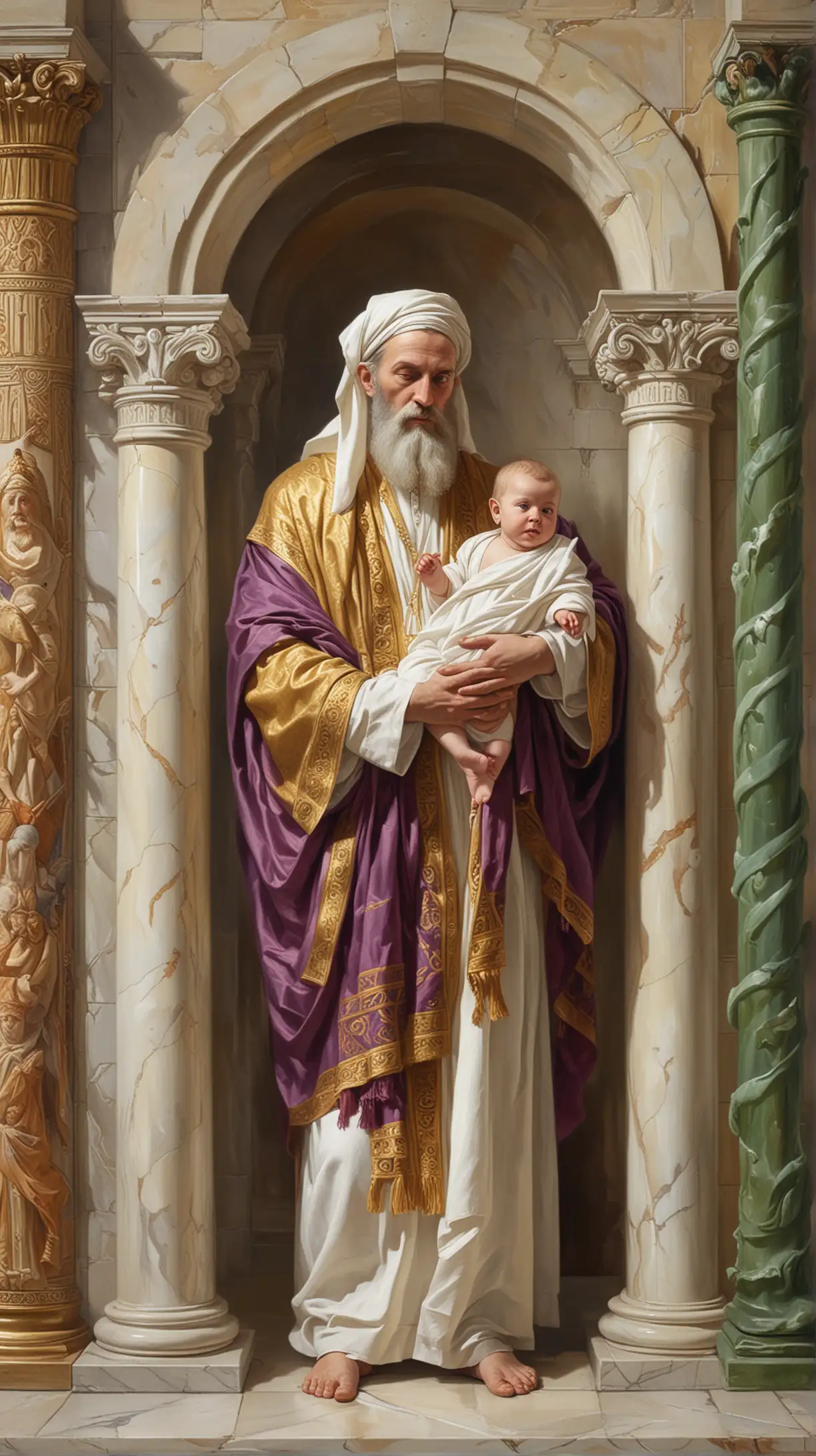 The painting depicts the Jewish high-priest Simeon at the presentation of the naked baby Jesus in the temple. The scene is set within the temple, suggested by the arched stone doorway and the polished marble walls and columns.

Central Figure
The Jewish high-priest Simeon: We are seeing the Jewish High-priest Simeon dressed in full rich Jewish liturgy vestments in lively colours purple and beige, from the side.  He is holding the naked baby Jesus in his arms.

Additional Details: 
The Temple Setting: The temple walls and columns are in polished white marble.  There is a green curtain hanging from the columns.  The background features an open space with cloudy sky and houses in the background. The saturated tones of the painting and the play of light and shadow create a sense of excitement.
Symbolism:  The cloth in which the Jewish High-priest Simeon holds the naked baby Jesus is white. The white symbolizes purification.
Overall Impression:
The painting captures the emotional intensity and spiritual significance of the subject The expression of the figure, the symbolism, and the setting all contribute to a powerful depiction of this pivotal event.