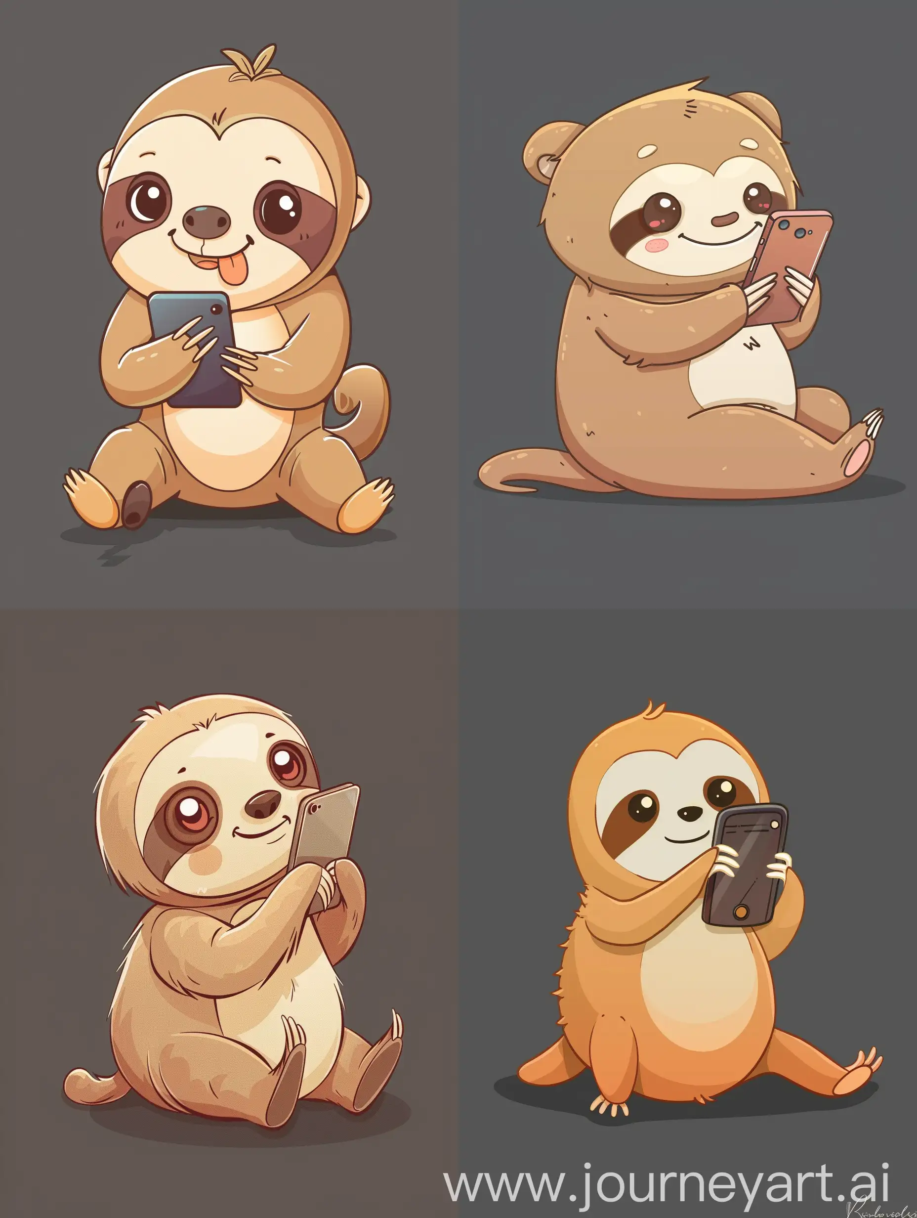 thin line style chibi cute sloth playing smartphone, with solid dark grey background, small object and center concentrated image, far view point