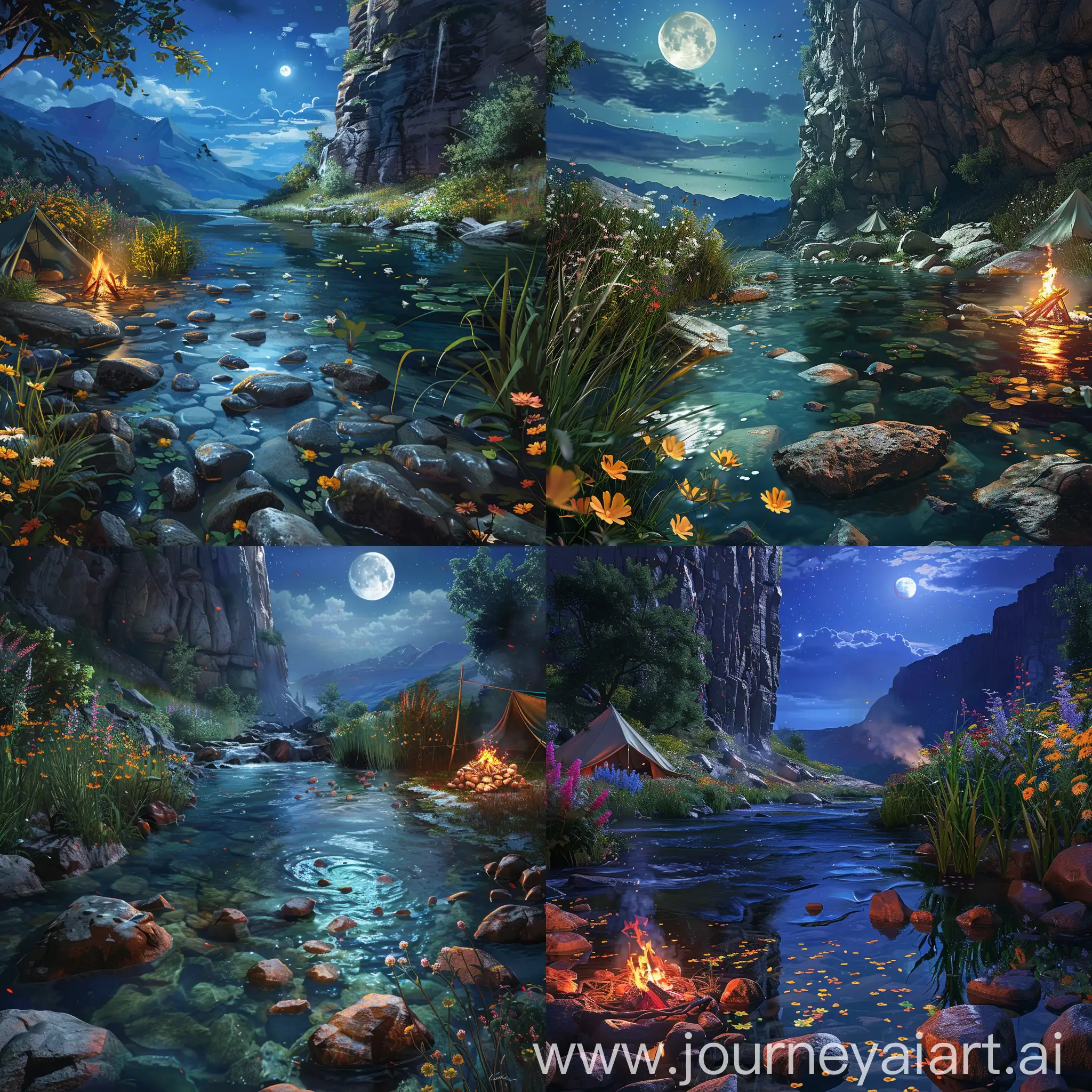 Uncharted game art style.a clear river with  rocks, beside is towerng cliff,wide shot,night time, full moon,flowers,grasses,bonefire beside the camping tent
