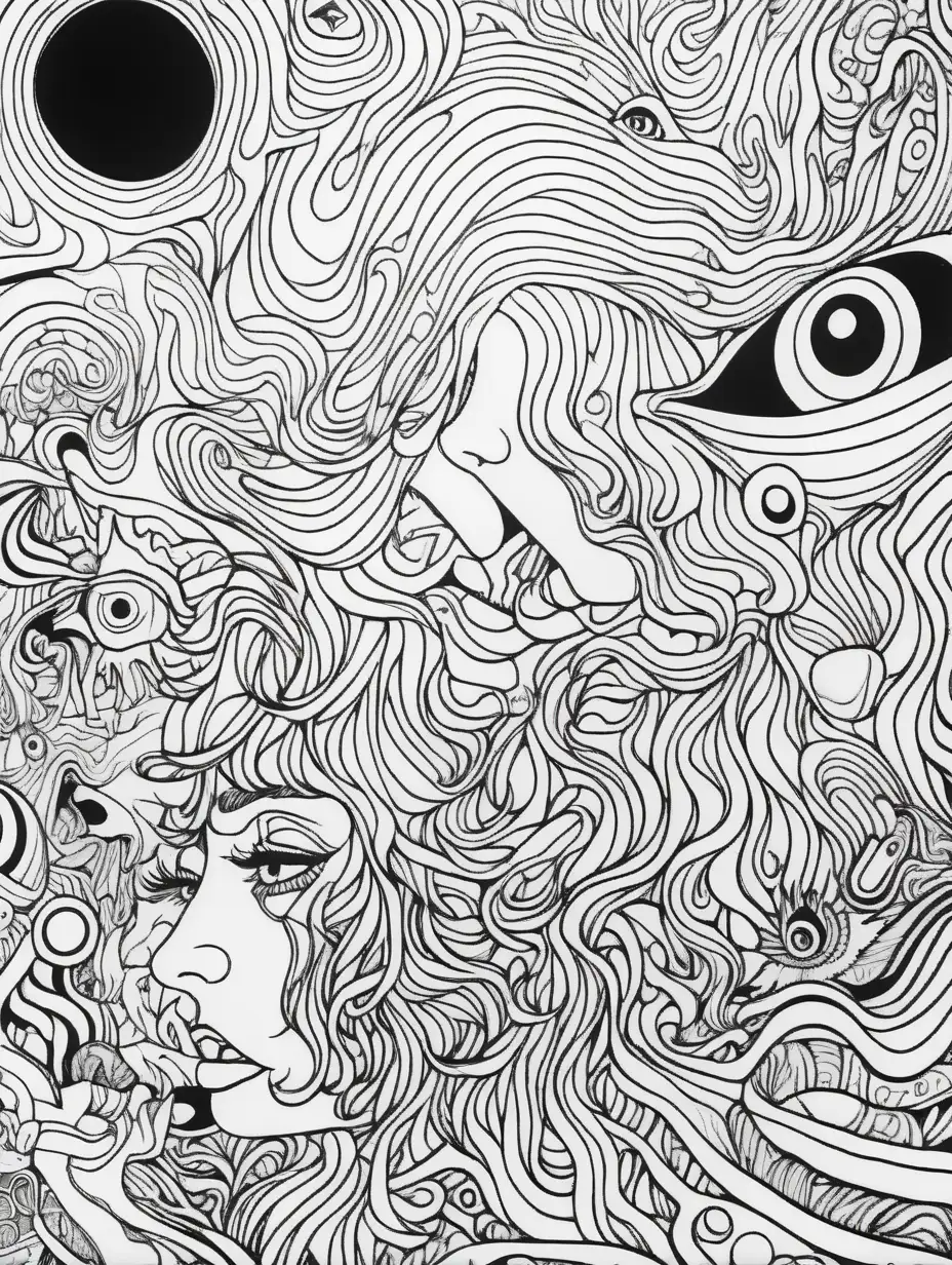 adult coloring book page, acid trip, PSYCHADELIC VISUALS, high contrast, black and white, thick outline