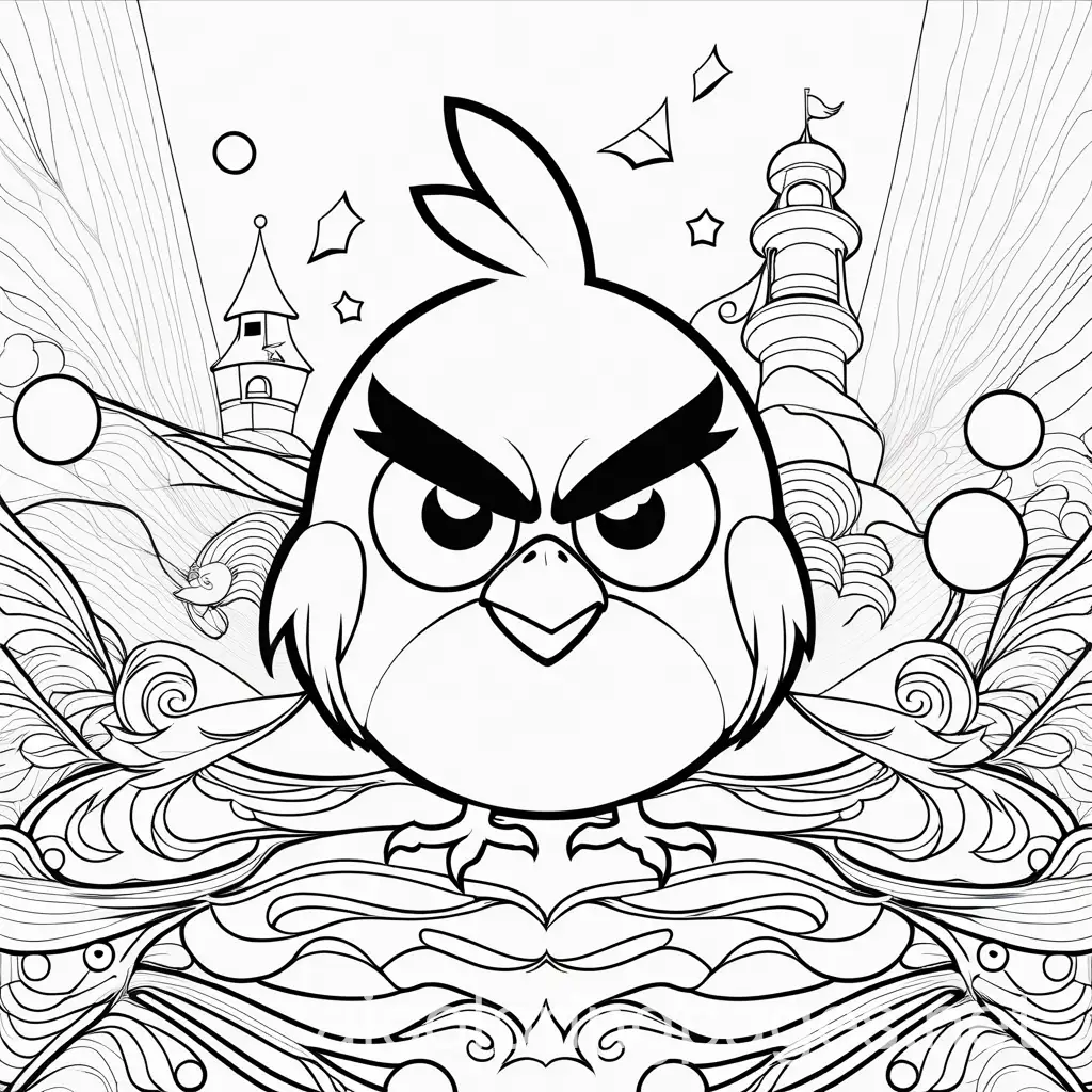 Creative images for a coloring book with Angry Birds theme, Coloring Page, black and white, line art, white background, Simplicity, Ample White Space. The background of the coloring page is plain white to make it easy for young children to color within the lines. The outlines of all the subjects are easy to distinguish, making it simple for kids to color without too much difficulty