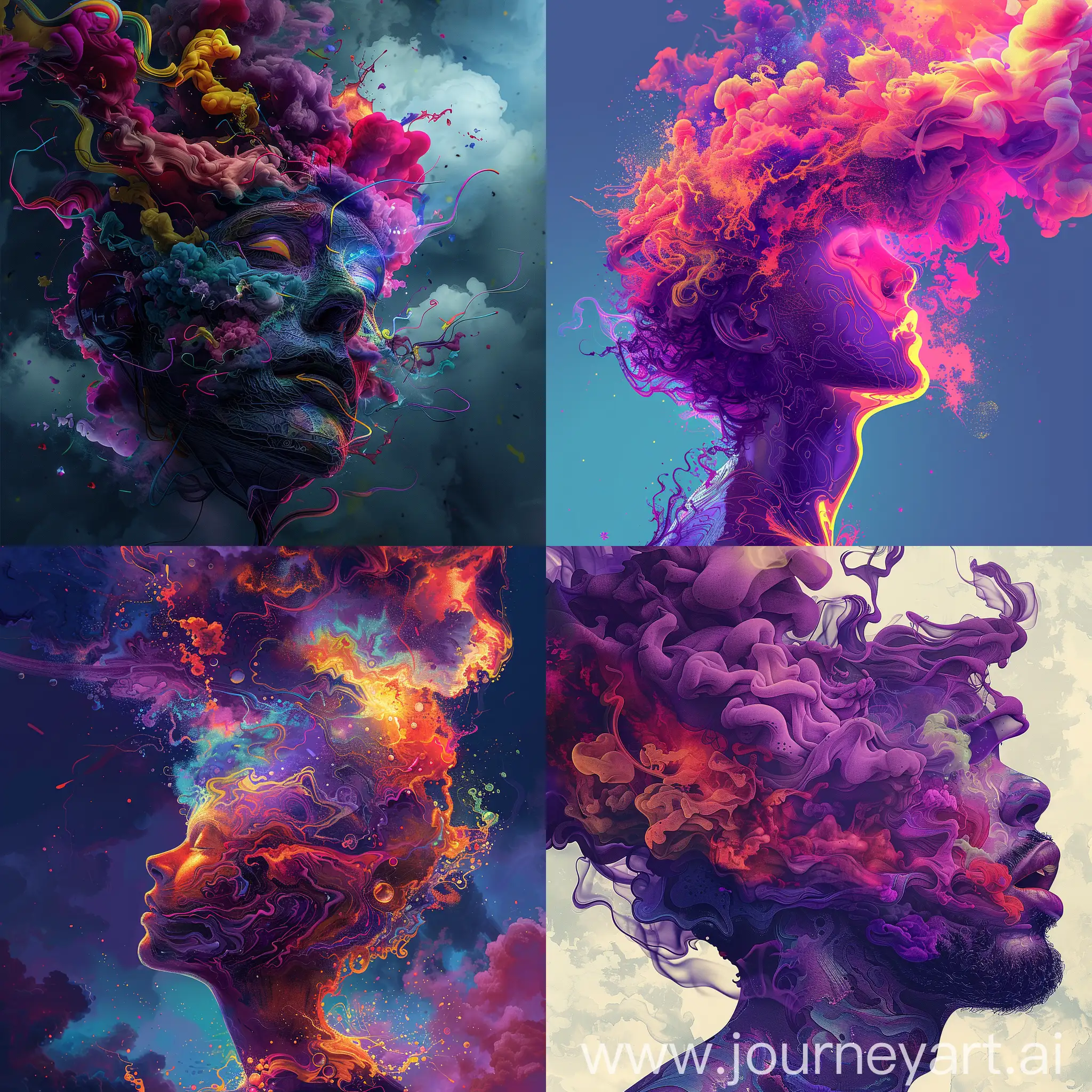 Psychedelic portrait Illustration,chaotic storm of liquid smoke in the head, colourful design futuristic fashion abstract portrait Illustration style in the style of Anato Finnstark and Alberto Vargas, excellent composition, concept art, detailed, dynamic pose, bright colors.
