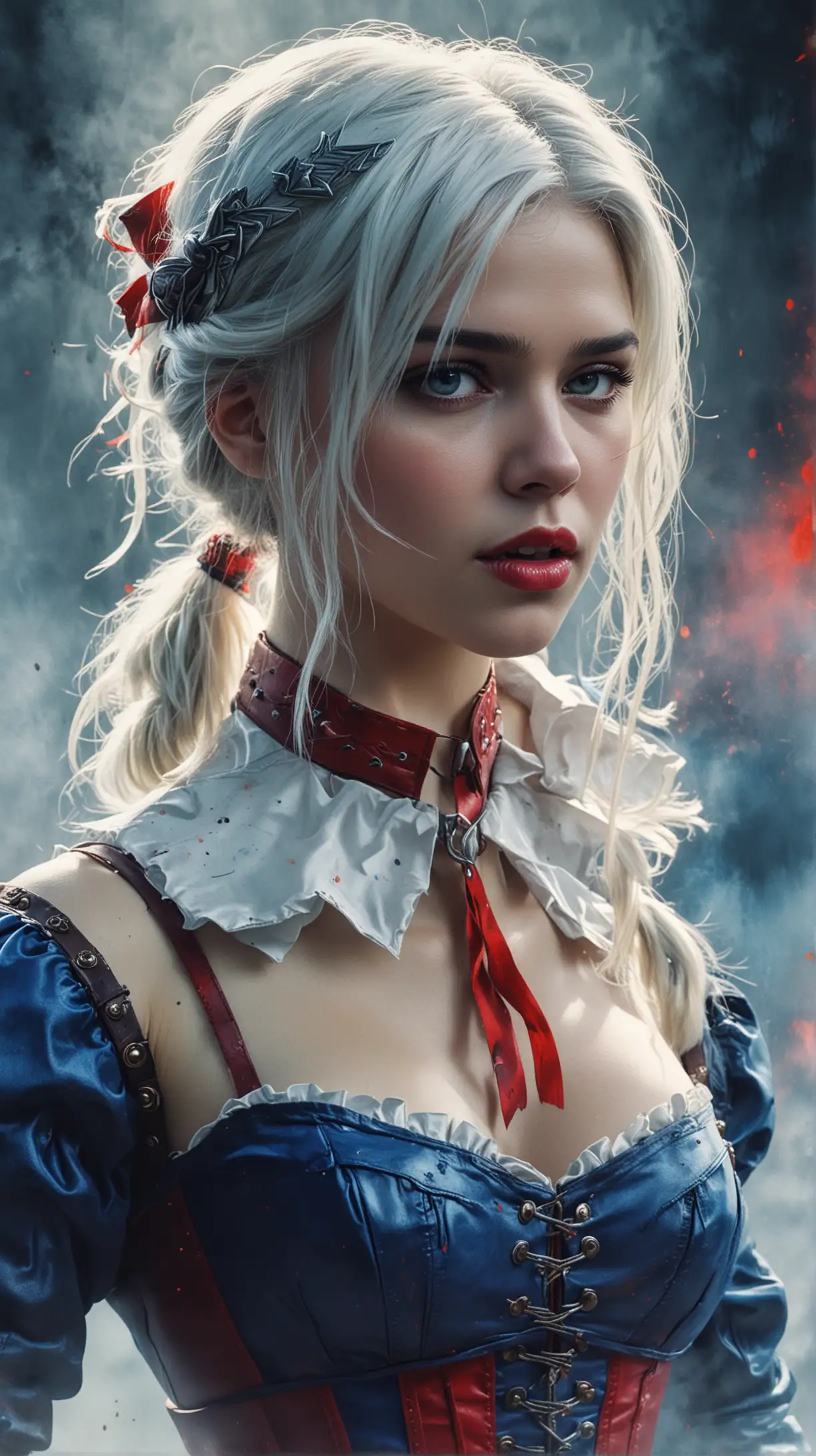 cartoon, Léa Seydoux as Ciri in sexy blue corset,  red leather neck collar, pigtails, as sorceress, The Witcher game, Mystic, Mystery, magic, fire, fog, bright colorful Watercolor Overlay, abstract
