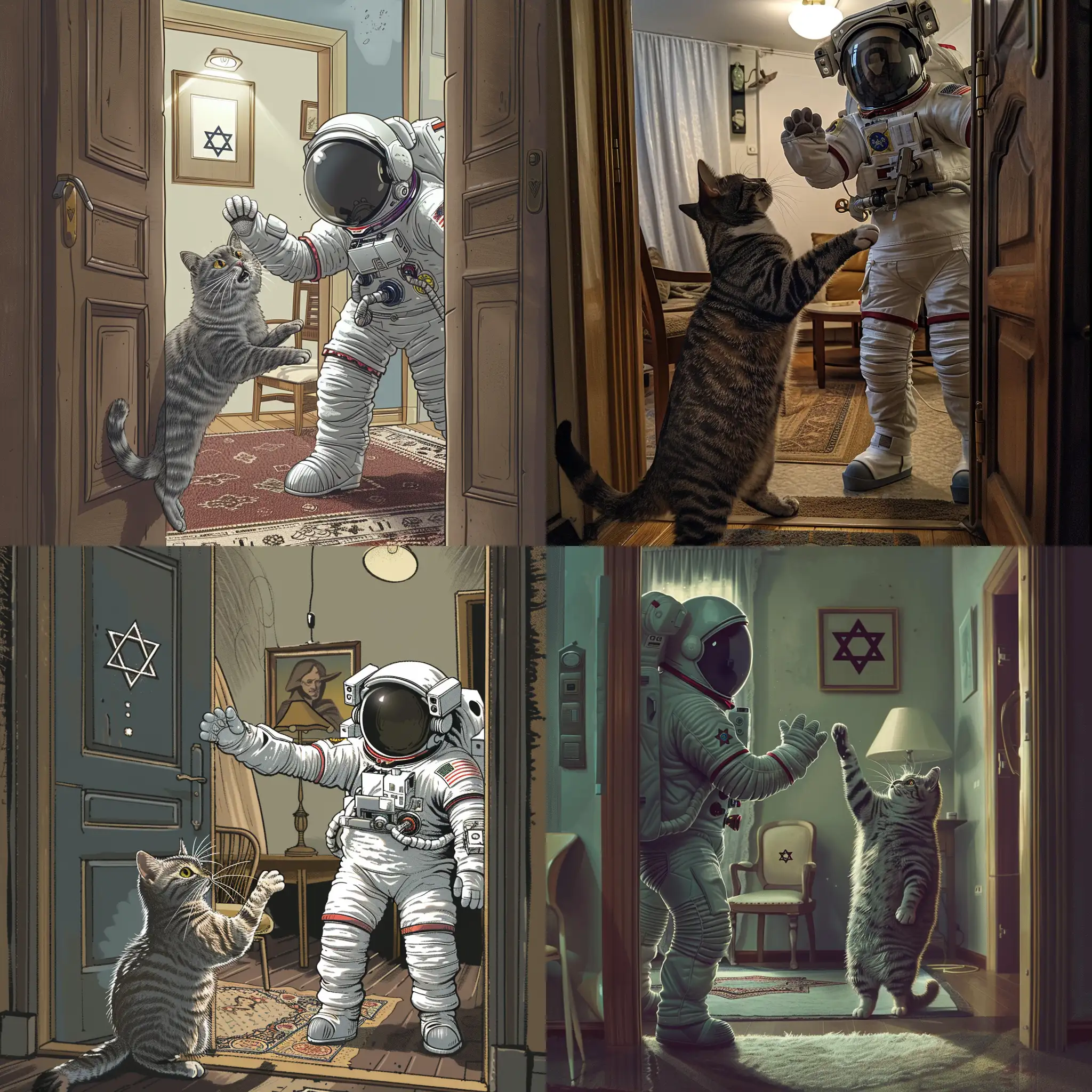 Frightened-Gray-Cat-Meets-Israeli-Astronaut-in-Apartment-Doorway