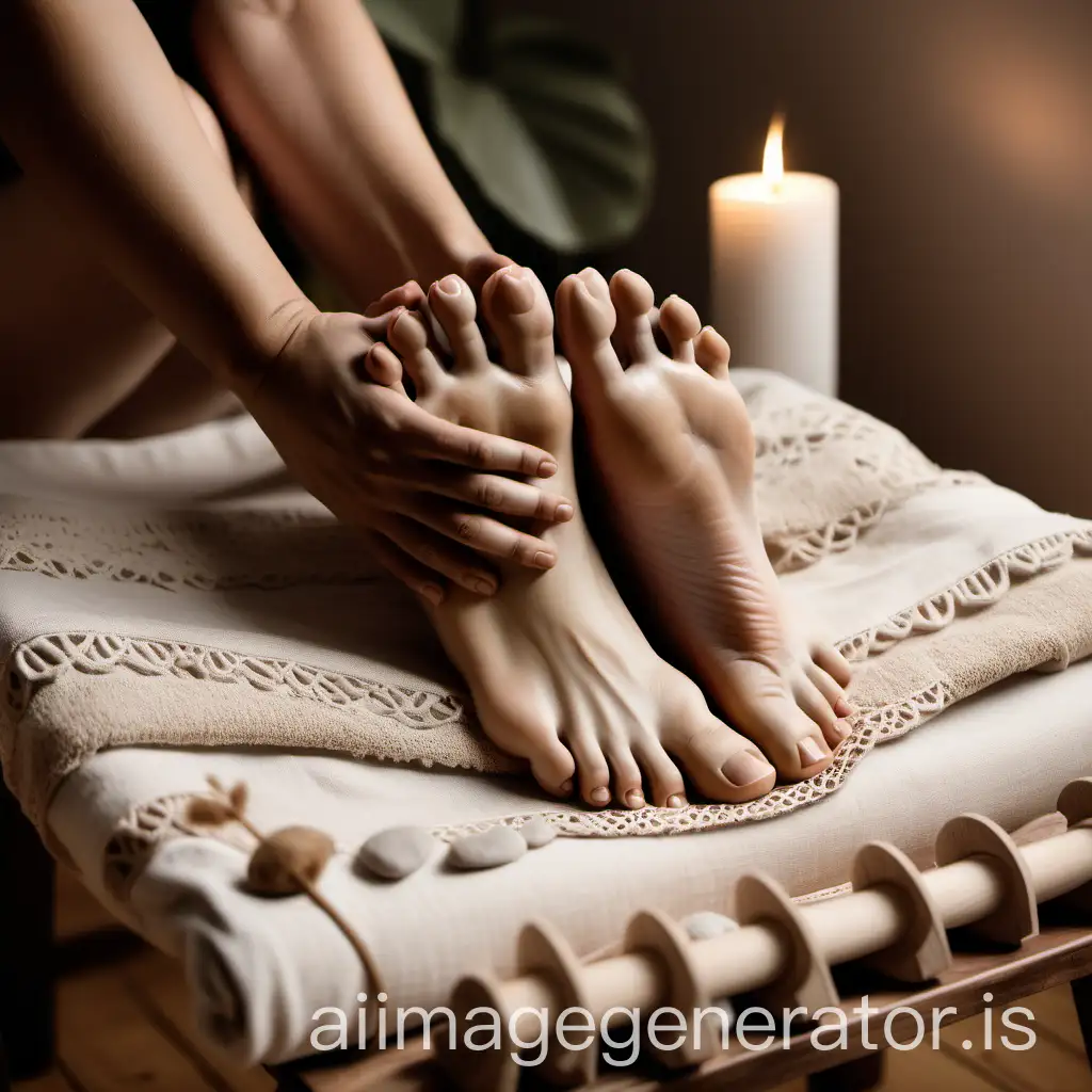 a boho chic reflexology studio, beige and neutral colours with close up of feet being massaged. make it a slightly dreamy feel to encourage a sense of calm. make it realistic.