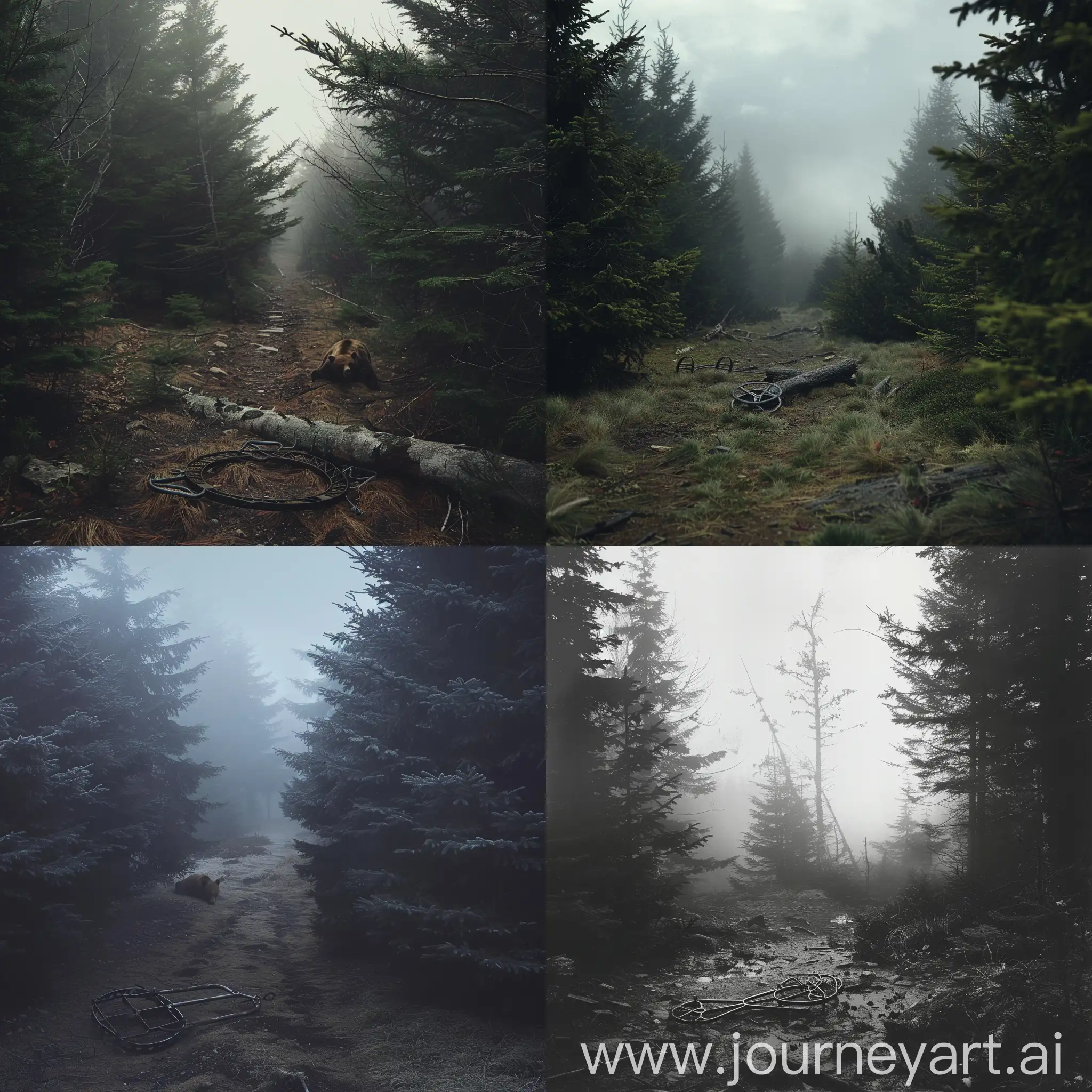 Eerie-Forest-Scene-with-Bear-Trap-in-Thick-Fog