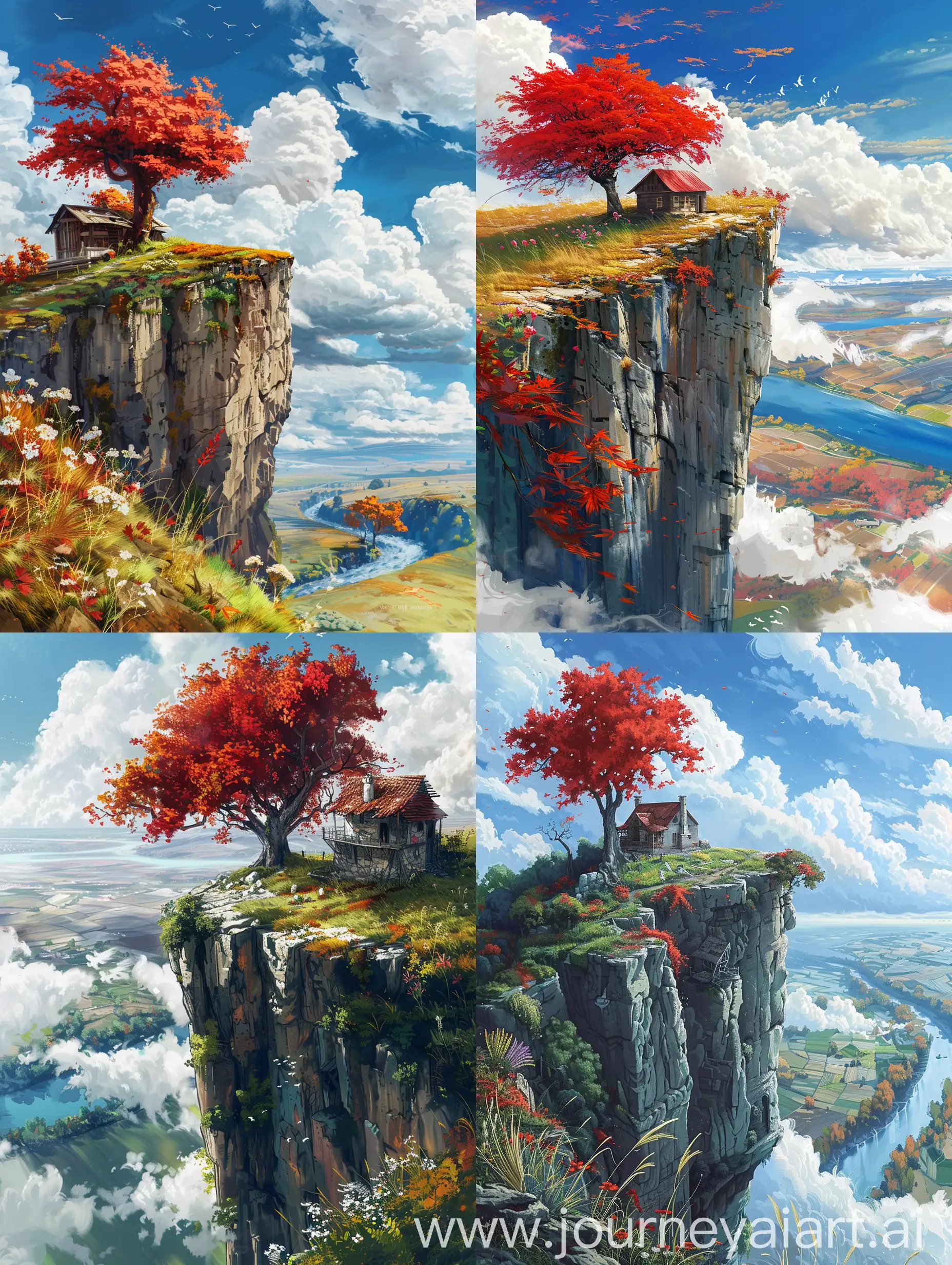 Realism and abstraction painting style of a high cliff,a small old house on thse edgeand a huge tree with a red leaves,below the cliff is a far river,grasses,flowers,drone shot,wide angle, fluffy white clouds,vivid