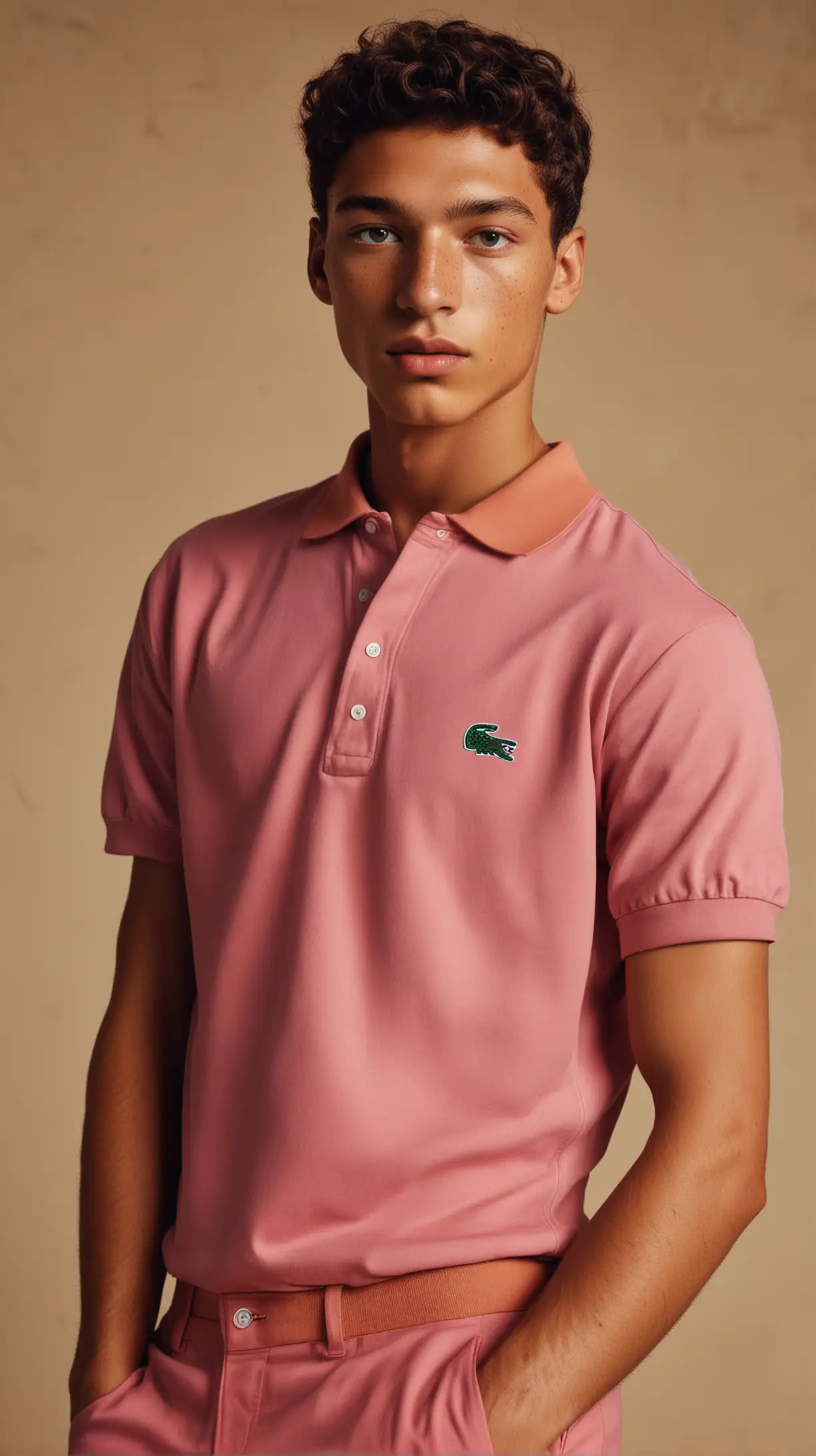 male models with freckels and semi dark skin is posing like in an old Michelangelo painting, models are wearing full lacoste outfits, colorful clothes