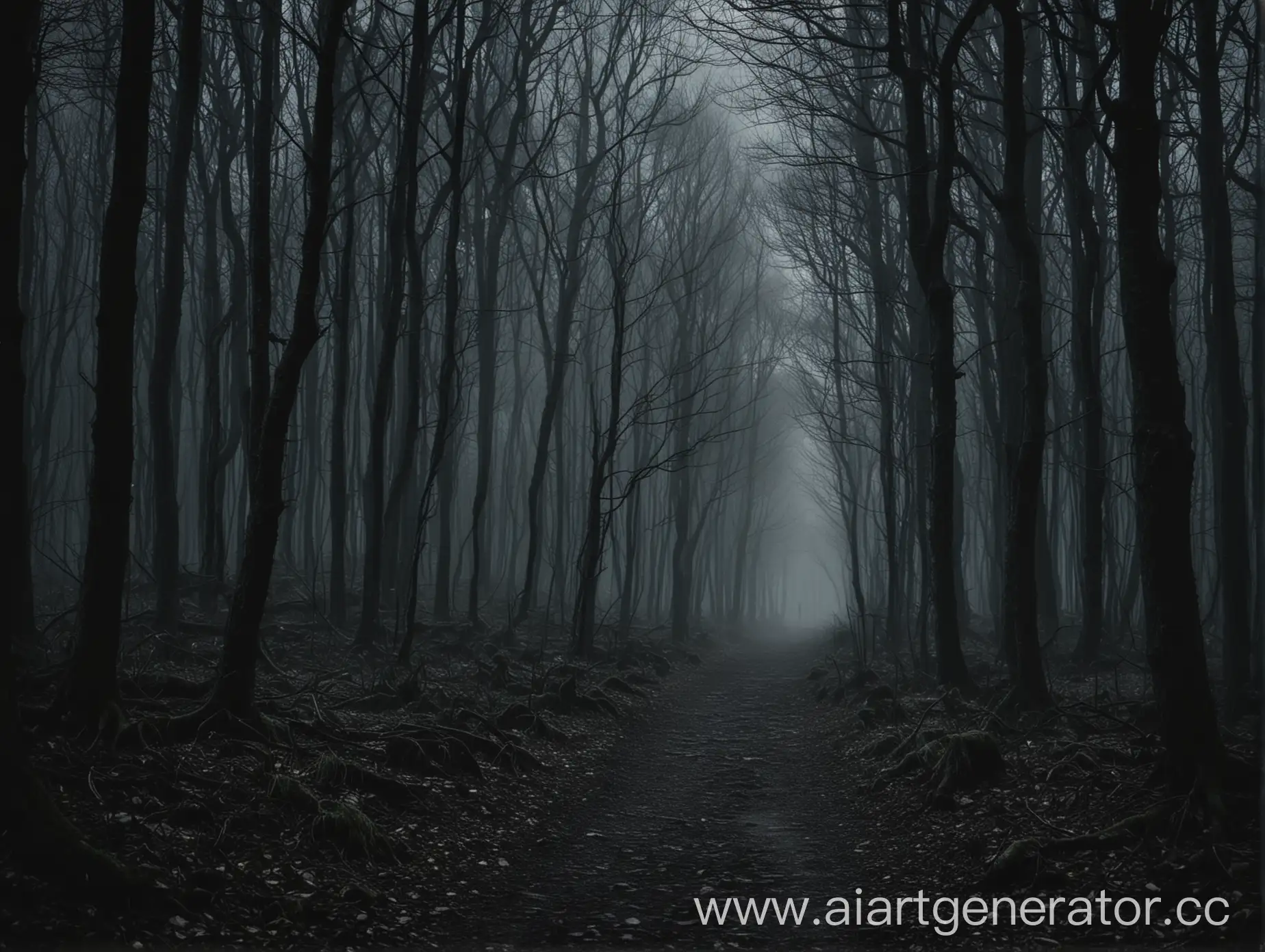 Темный лес, по центру тропа на которой стоит темный силуэт, все вокруг мрачное, вдалеке виднеются какие то огни